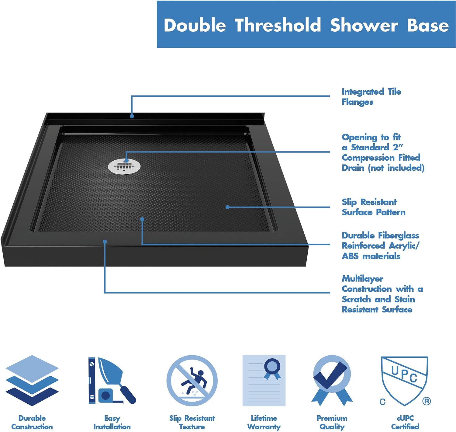 DreamLine SlimLine 34 in. D x 48 in. W x 2 3/4 in. H Right Drain Double Threshold Shower Base in White, DLT-1034482