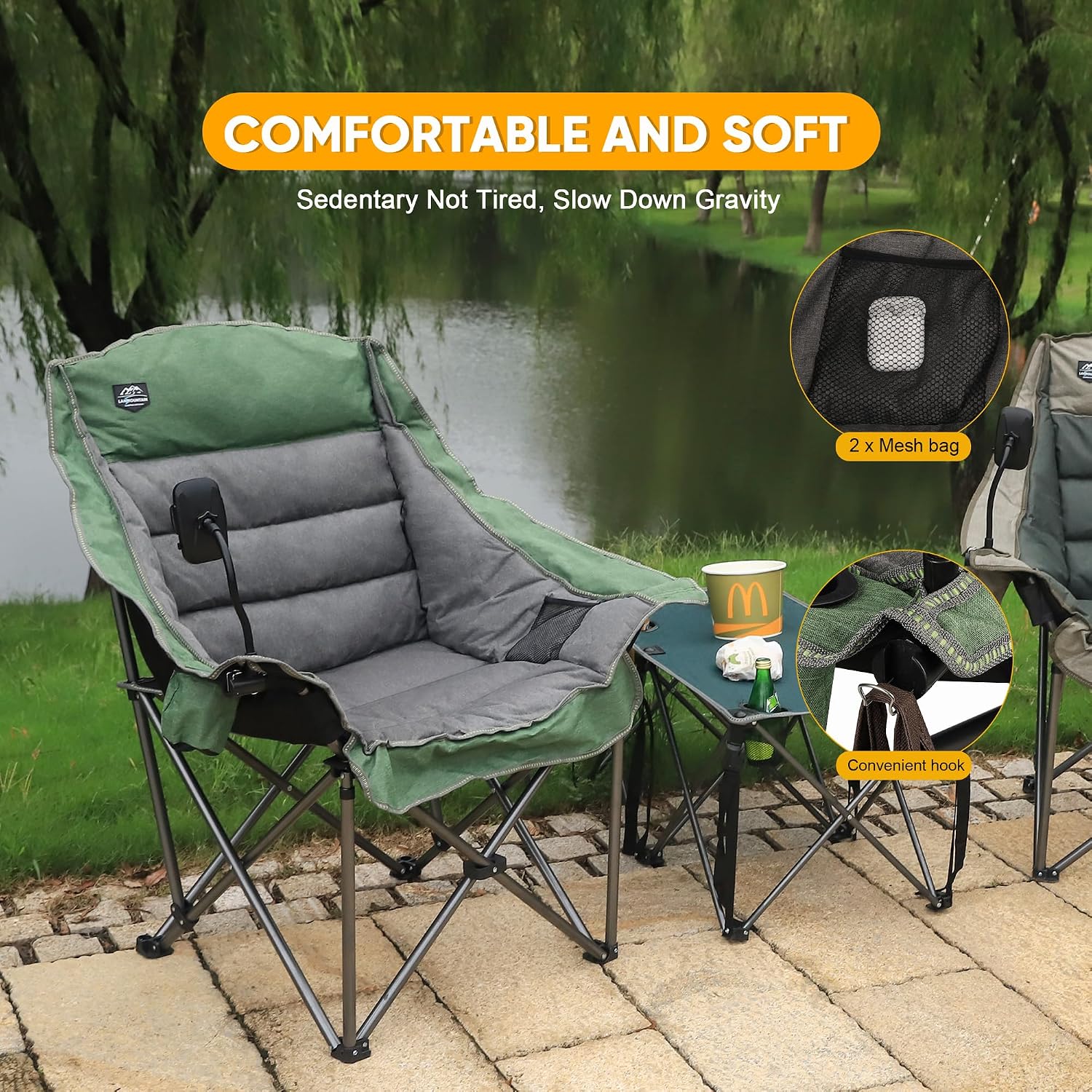 Oversized XL Folding Camping Chair,Heavy Duty Support 400Lbs,Large Comfy Padded Camp Chair for Adults,Lawn Arm Chair w/Cup Holder,Phone Holder,Carry Bag Perfect for Outdoor (Brown
