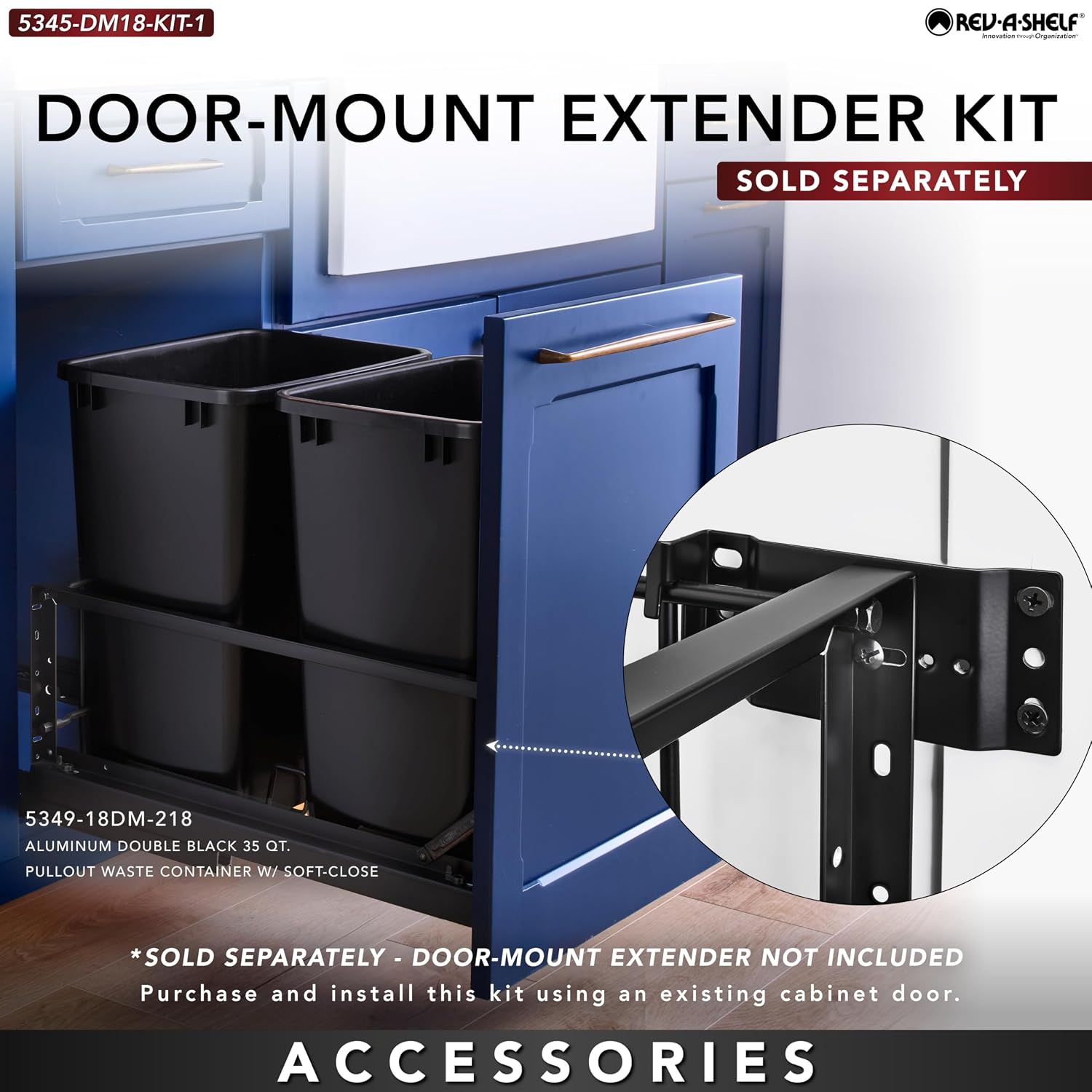 Rev-A-Shelf 35 Qt Aluminum Bottom Mount Double Pullout Waste Container w/Soft-Close for Base Kitchen Cabinets, Min. 15" Opening Width, Silver & White, 5349-15DM18-2