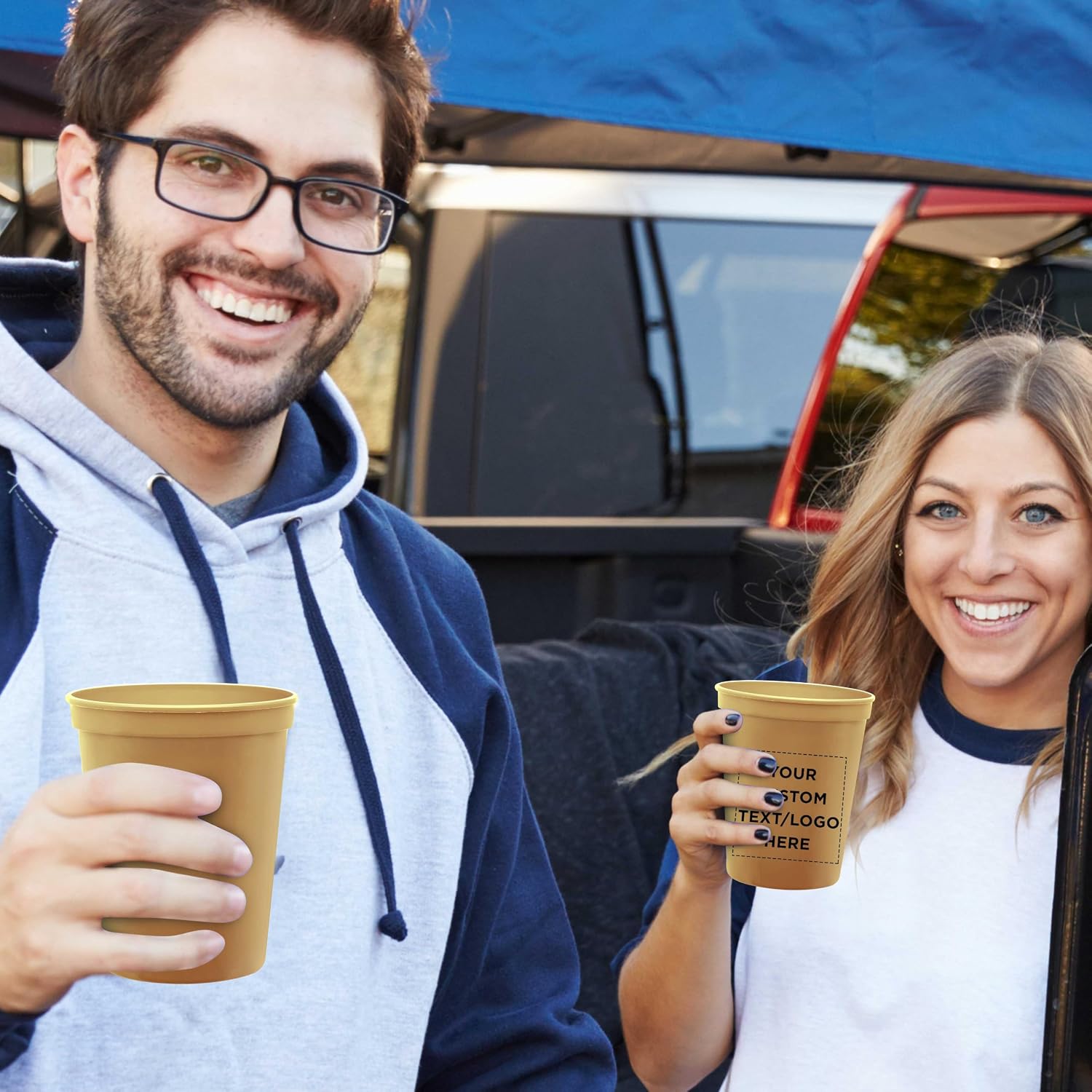 DISCOUNT PROMOS Custom Plastic Stadium Cups 16 oz. Set of 10/50/100, Personalized Bulk Pack - Perfect for Birthdays, Weddings, Picnic, Beach