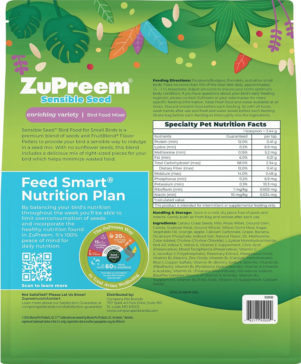 ZuPreem Sensible Seed Parakeet & Budgie Food, Variety Mixer, Small, 2 lb | Bird Food Mixer, Parrot & Parakeet Food, Budgie, Treats, Pellet Mix, Pumpkin Seeds, Safflower, Variety, Made in USA