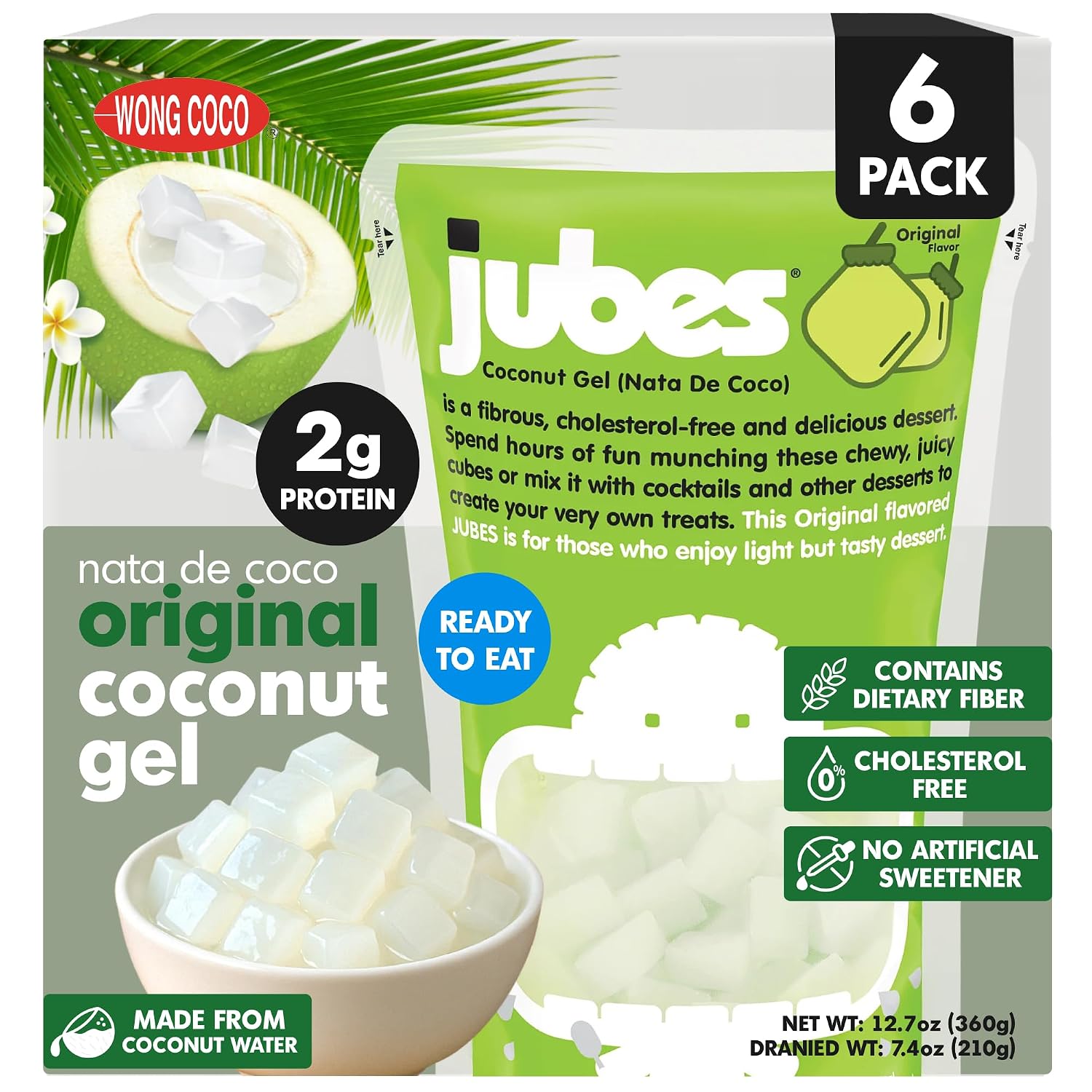 Jubes Pandan Nata De Coco Jelly Cubes (12.7 oz, Pack of 3) - Pandan Coconut Jelly Cubes for Sago - Coconut Gel in Syrup Toppings for Fruit Tea, Boba, Bubble Tea, Drinks, Desserts Yogurt, Ice Cream, Beverage