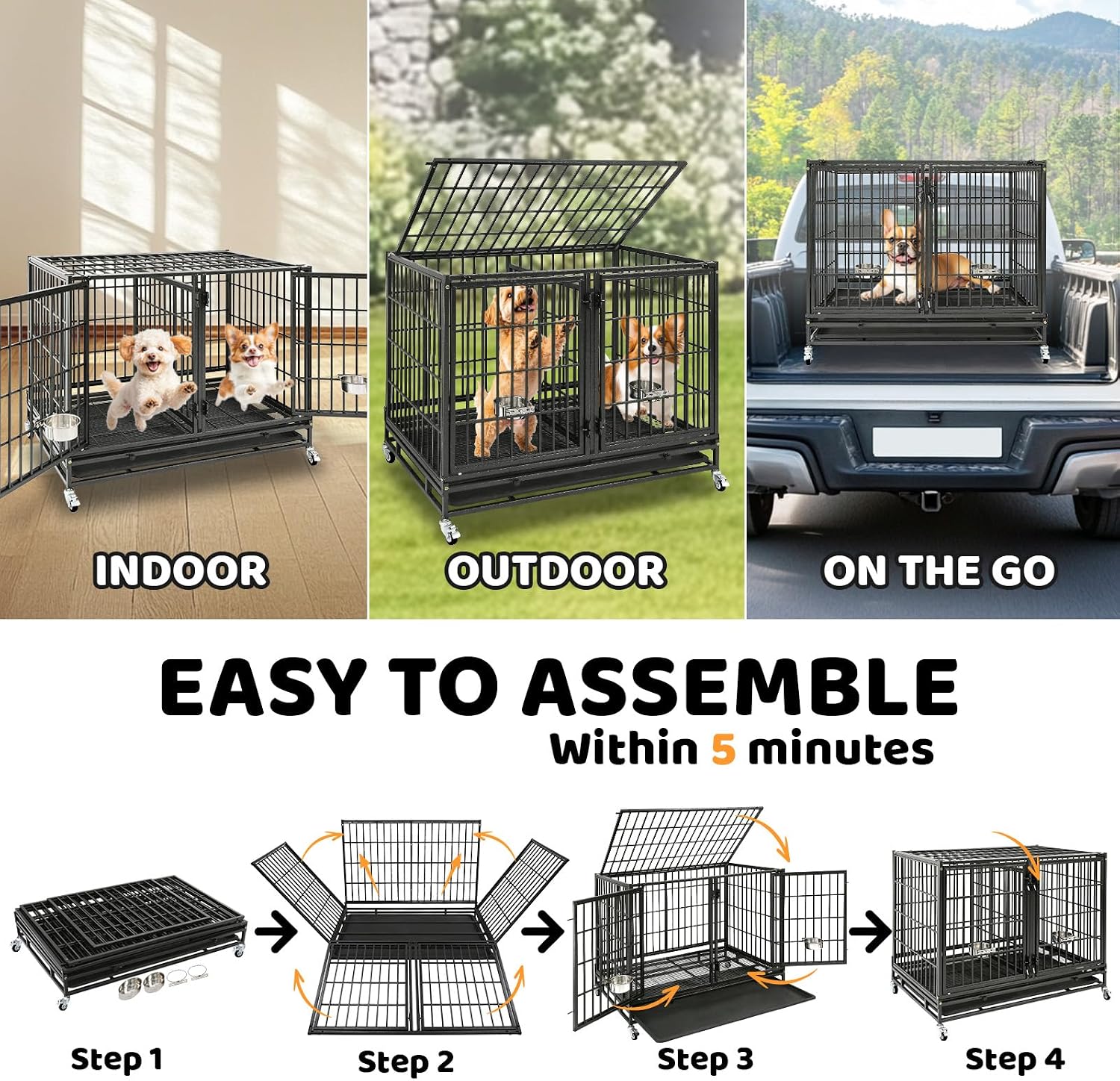 Homey Pet Taller 43" Heavy Duty Double Dog Crates with Divider & Dual Door | Drop Cage for Dogs with Lockable Wheels, Bowls, Removable Tray, Top Access, Ideal for Small to Medium & Large Dogs, Breeders