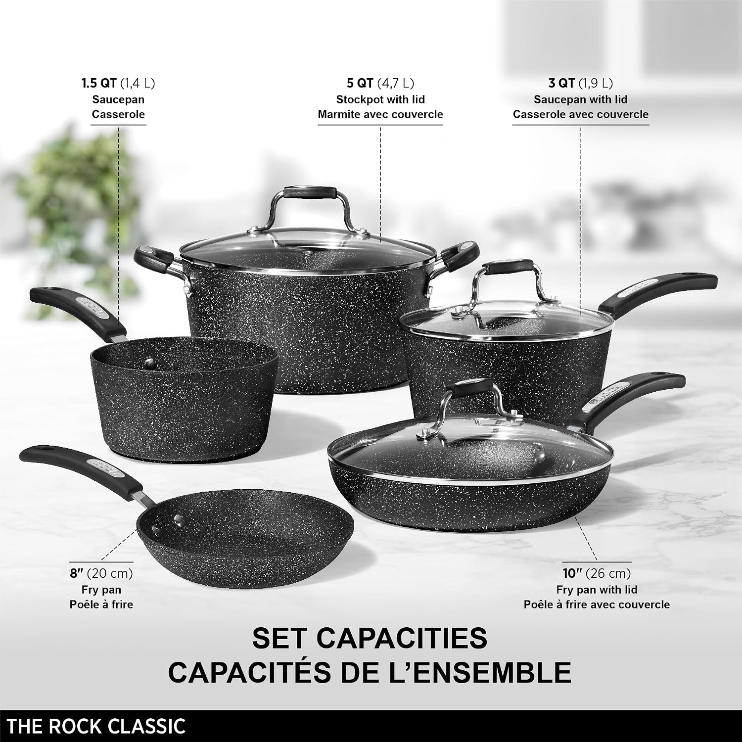 Starfrit The Rock 8PC Non-Stick Cookware Set, Black | Durable Forged Aluminum, Oven Safe, PFOA Free, Easy to Clean