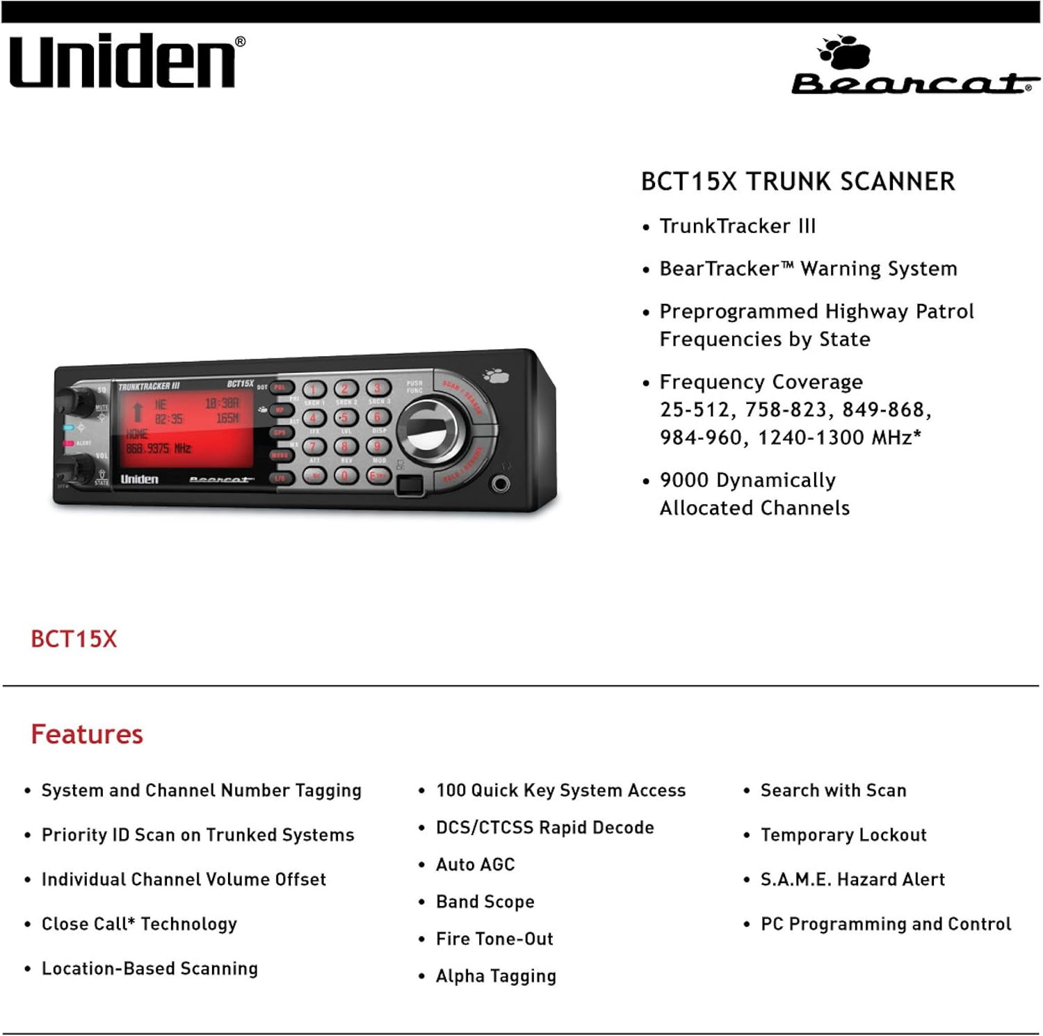 Uniden BearTracker Scanner (BCT15X) with 9, 000 Channels, TrunkTracker III Technology, Base/Mobile Design