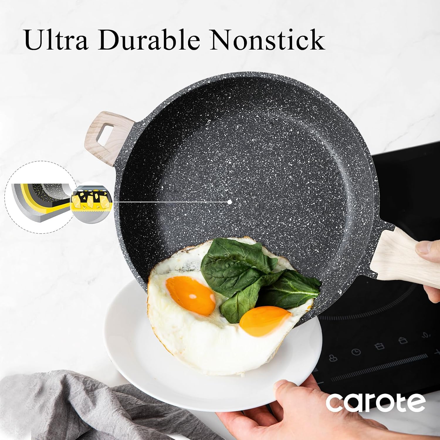 CAROTE Nonstick Frying Pan, 8 Inch Classic Granite Skillet | Kitchen Healthy Non Toxic Stone Cookware,All-Stovetop Compatible, Cool Handle, Easy to Clean, PFOA Free