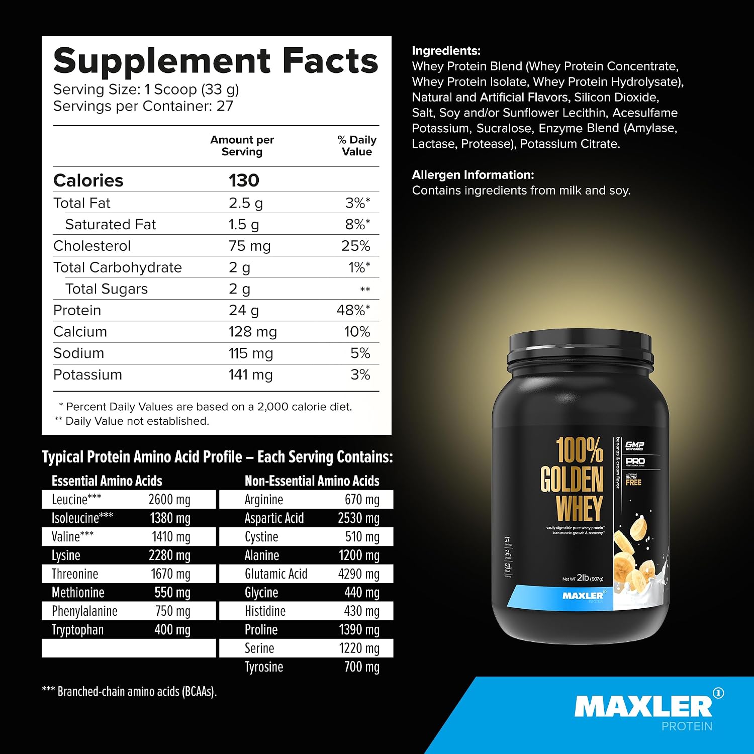 100% Golden Whey Protein - 24g of Protein per Serving - Whey Protein Powder for Pre Post Workout - Fast-Absorbing Whey Concentrate, Isolate & Hydrolysate Blend - Vanilla Ice Cream 2 lb