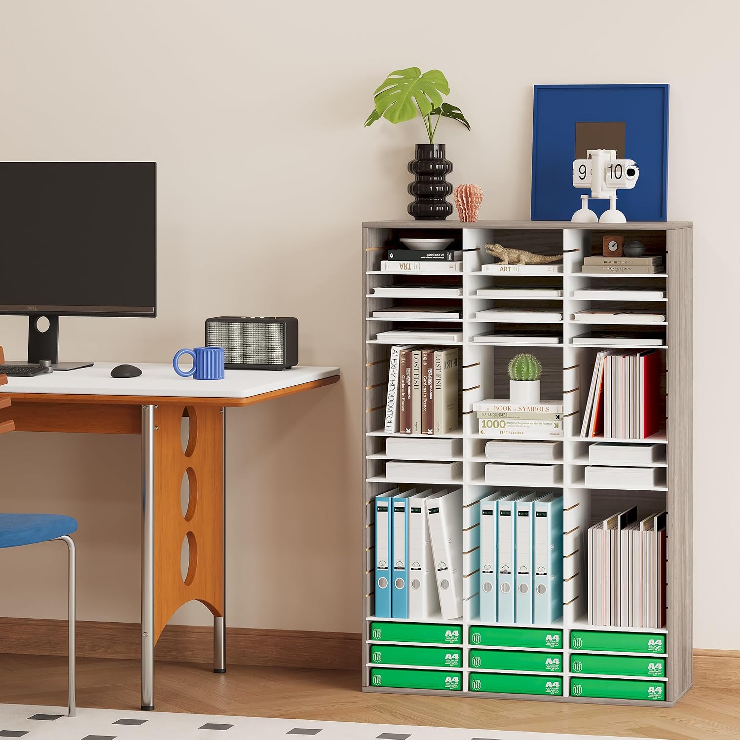 EasyPAG 12 Compartments Wooden Literature Organizer with Adjustable Shelves, 6000 Sheets Capacity Paper Organizer