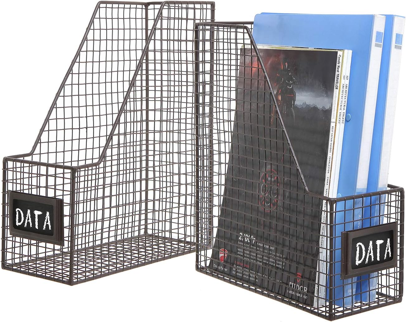 MyGift Metal Wire Magazine Holder in Rustic Brown Finish, Desktop Document and File Folder Storage Bin with Chalkboard Label for Home, Office, School