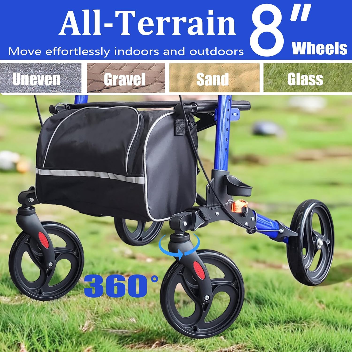 Aliseniors Upright Walker for Seniors - Big Stand Up Walker with Wide Seat, Foldable 4 Wheel All-Terrain Rolling Walker, Adjustable Armrests, 300lbs, Improves Posture & Reduces Back Strain | 20.6" Wide Seat, Foldable Rollator, 8" All-Terrain Wheels, Adju…