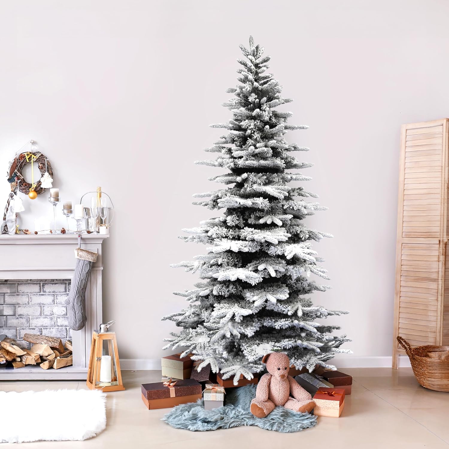 Fraser Hill Farm 7.5-Ft. Mountain Pine Flocked Artificial Christmas Tree with Stand, Unlit Foldable Fake Tree with Realistic Snowy Foliage for Home Decoration