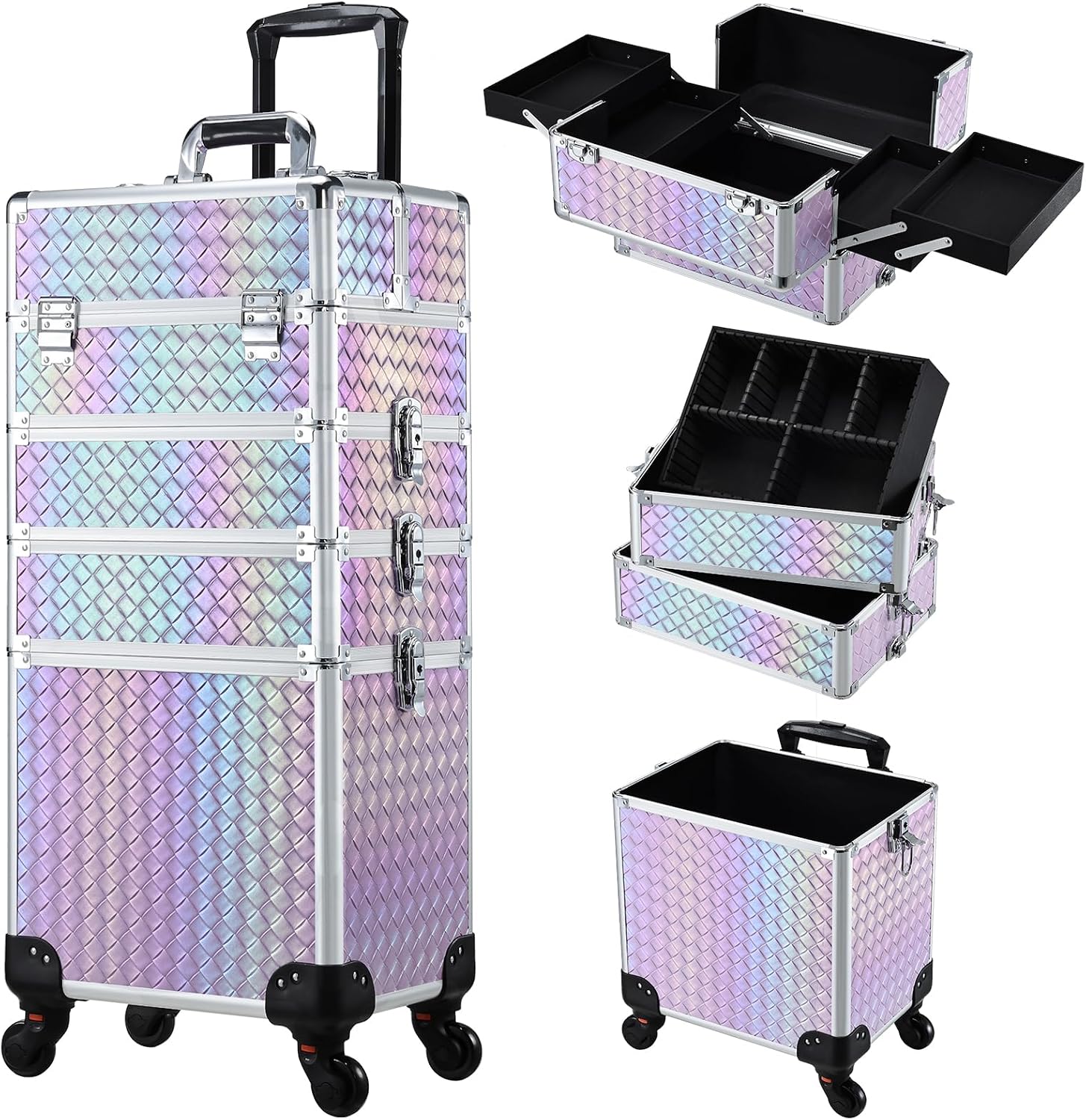 Stagiant Rolling Makeup Case Cosmetology Case on Wheels 4 in 1 Large Cosmetic Organizer Train Case Makeup Travel Case with Key Swivel Wheels Nail