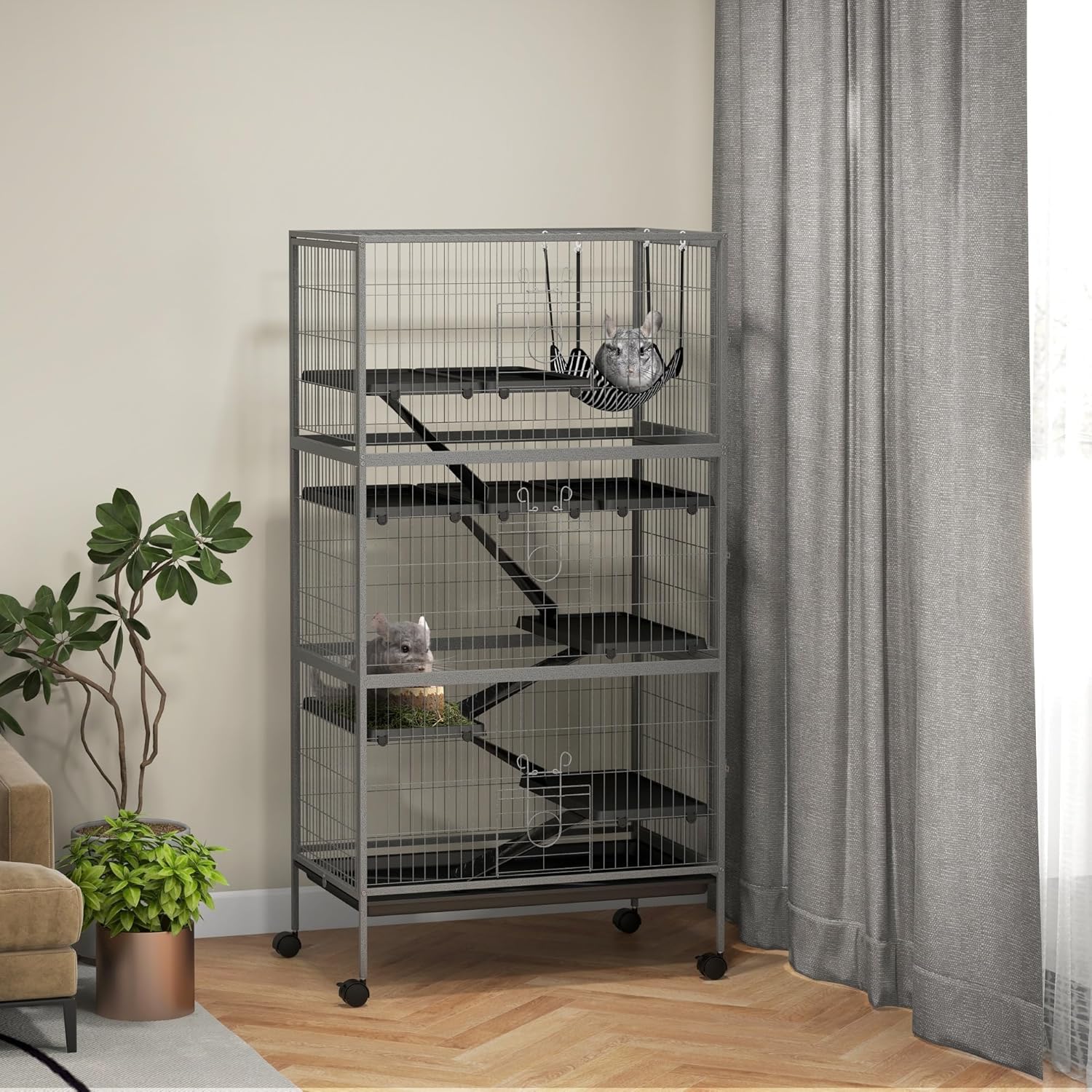 PawHut Metal Small Animal Cage, 4-Tiers Rolling Big Ferret Cage, Gray
