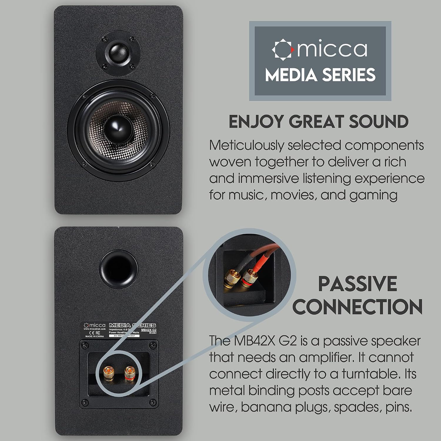 Micca MB42X Advanced 2-Way Passive Bookshelf Speakers, Stereo Pair, Black | Amplifier Required, 4-Inch Carbon-Fiber Woofer, 0.75-Inch Silk-Dome Tweeter, Desktop, Home Theater, Surround Sound