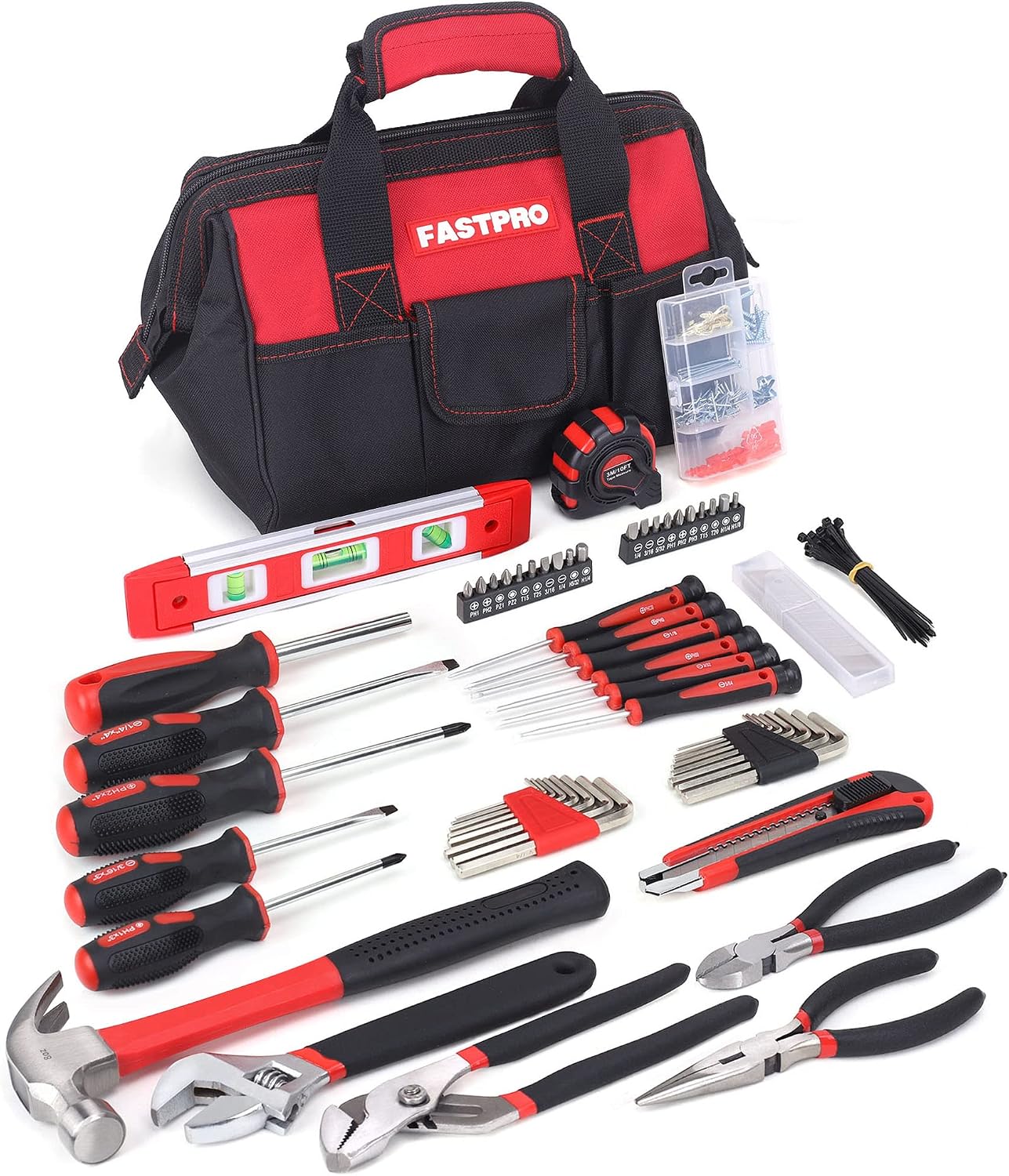 FASTPRO 215-Piece Home Repairing Tool Set with 12-Inch Wide Mouth Open Storage Bag, Household Hand Tool Kit,Red