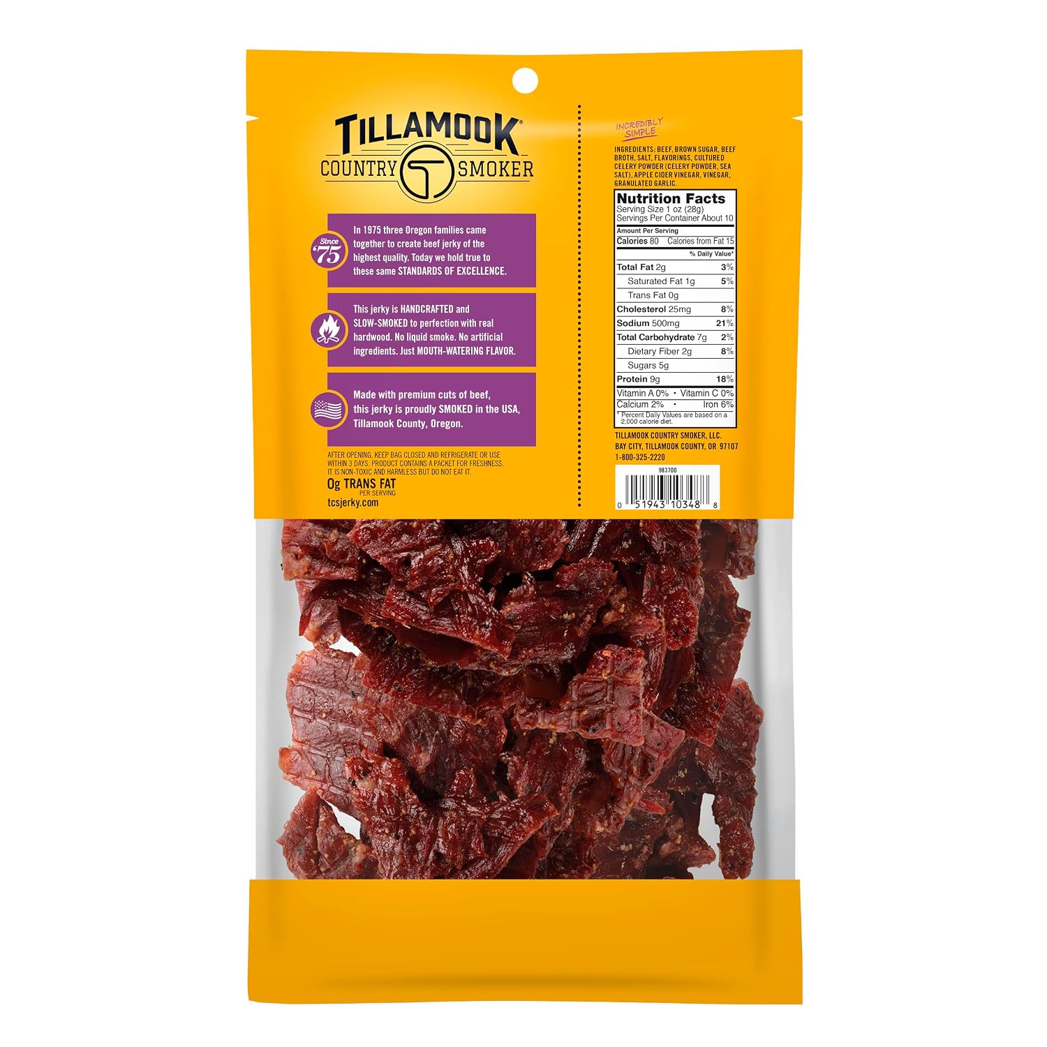 Tillamook Country Smoker Real Hardwood Smoked Beef Jerky, Teriyaki, 10 Ounce