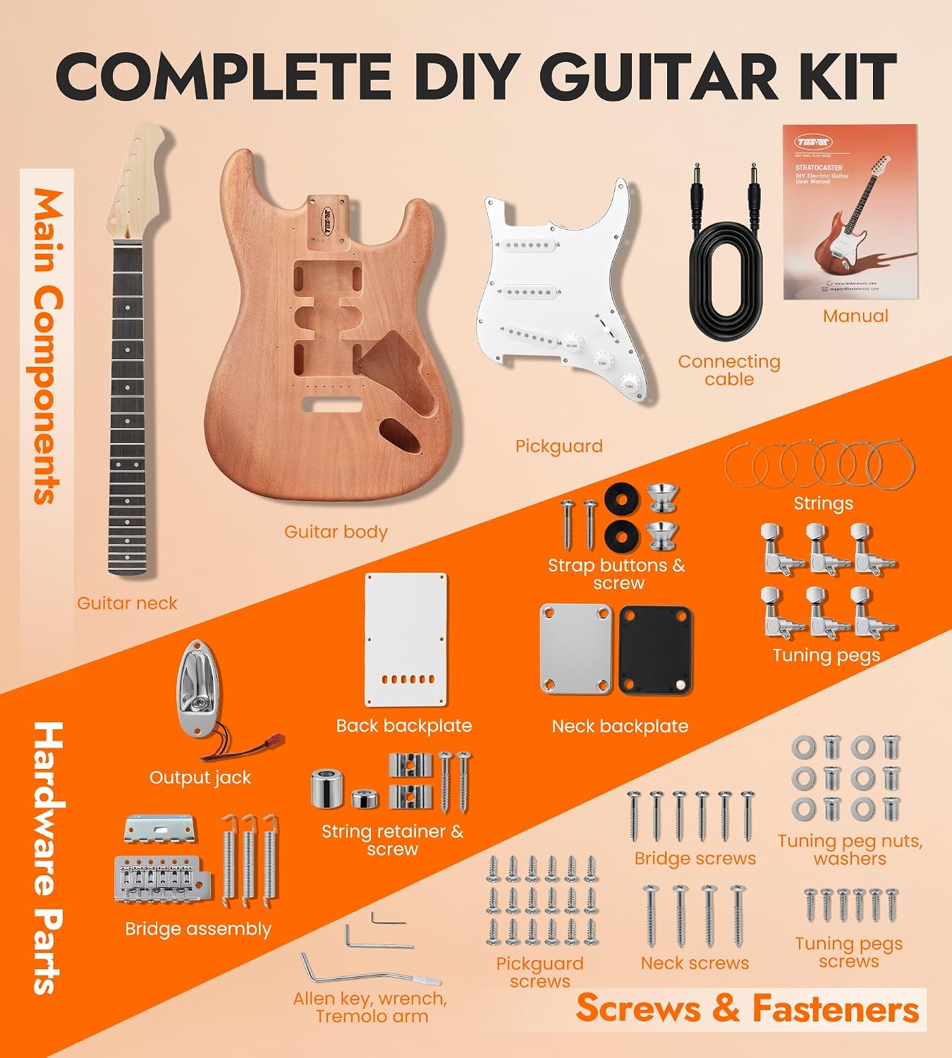 Tostar DIY Electric Guitar Kit, Solderless, Multi Sanded Polished Body, ST | Mahogany Body, Canadian Maple Neck, SSS Pickups, 6 String Tremolo Bridge, Complete Accessories, Hands On Learning