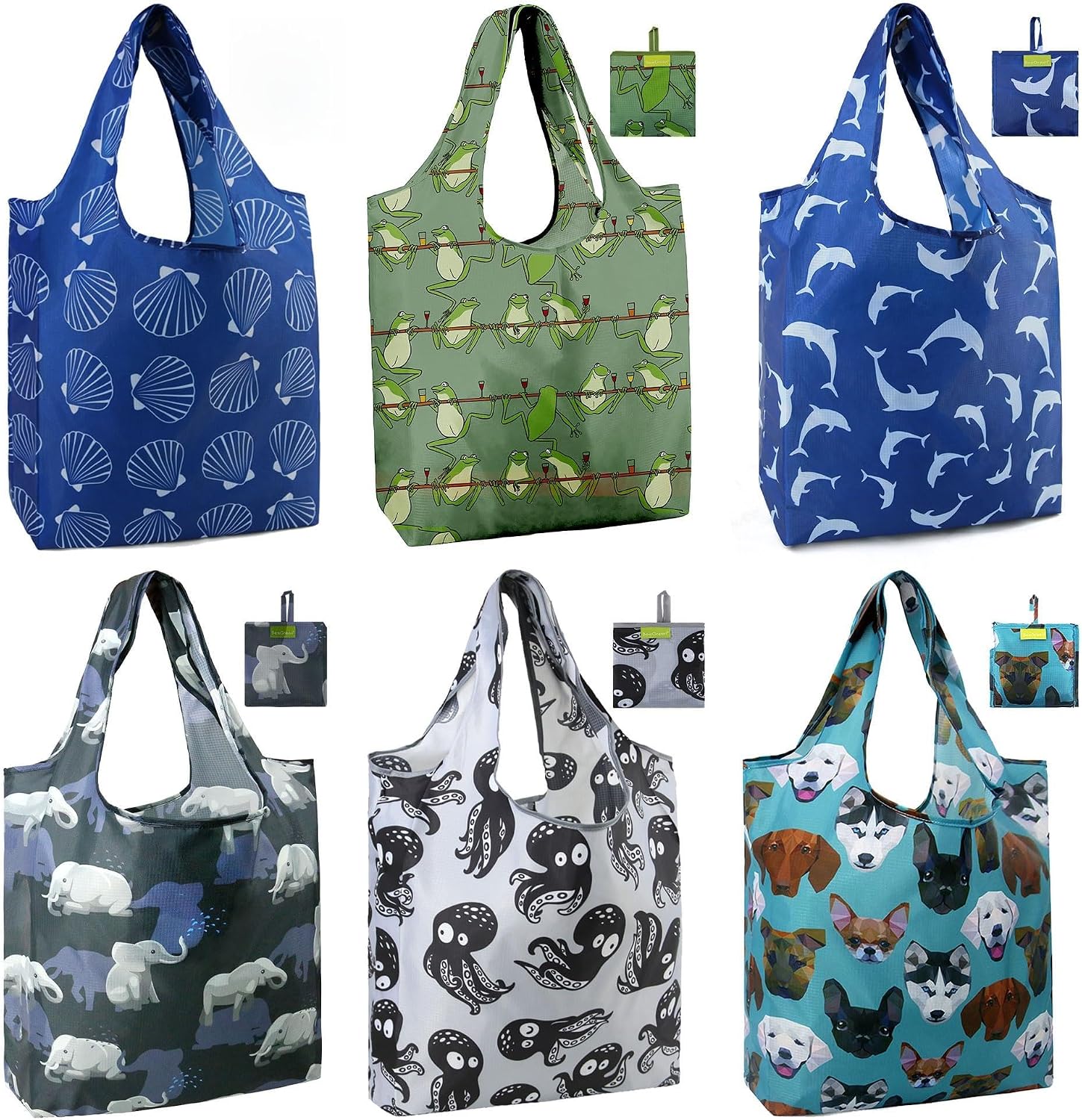 BeeGreen Grocery Bags | Reusable Gift Bags, Large Tote for Women & Foldable Beach Bag - 6 Pack Reusable Bag With Handles | Collapsible Cute Cloth Storage for Market, Holiday & Shopping | Washable​