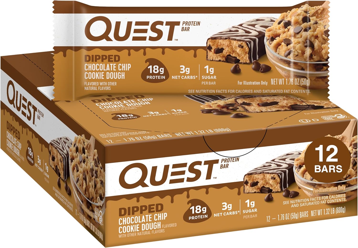 Quest Nutrition Oatmeal Chocolate Chip Protein Bars, 20g Protein, 12 Count | 12g Fiber, 5g Net Carbs, 1g Sugar, Gluten Free, High Quality Protein, Soft and Chewy, Individually Wrapped 2.12oz Bars