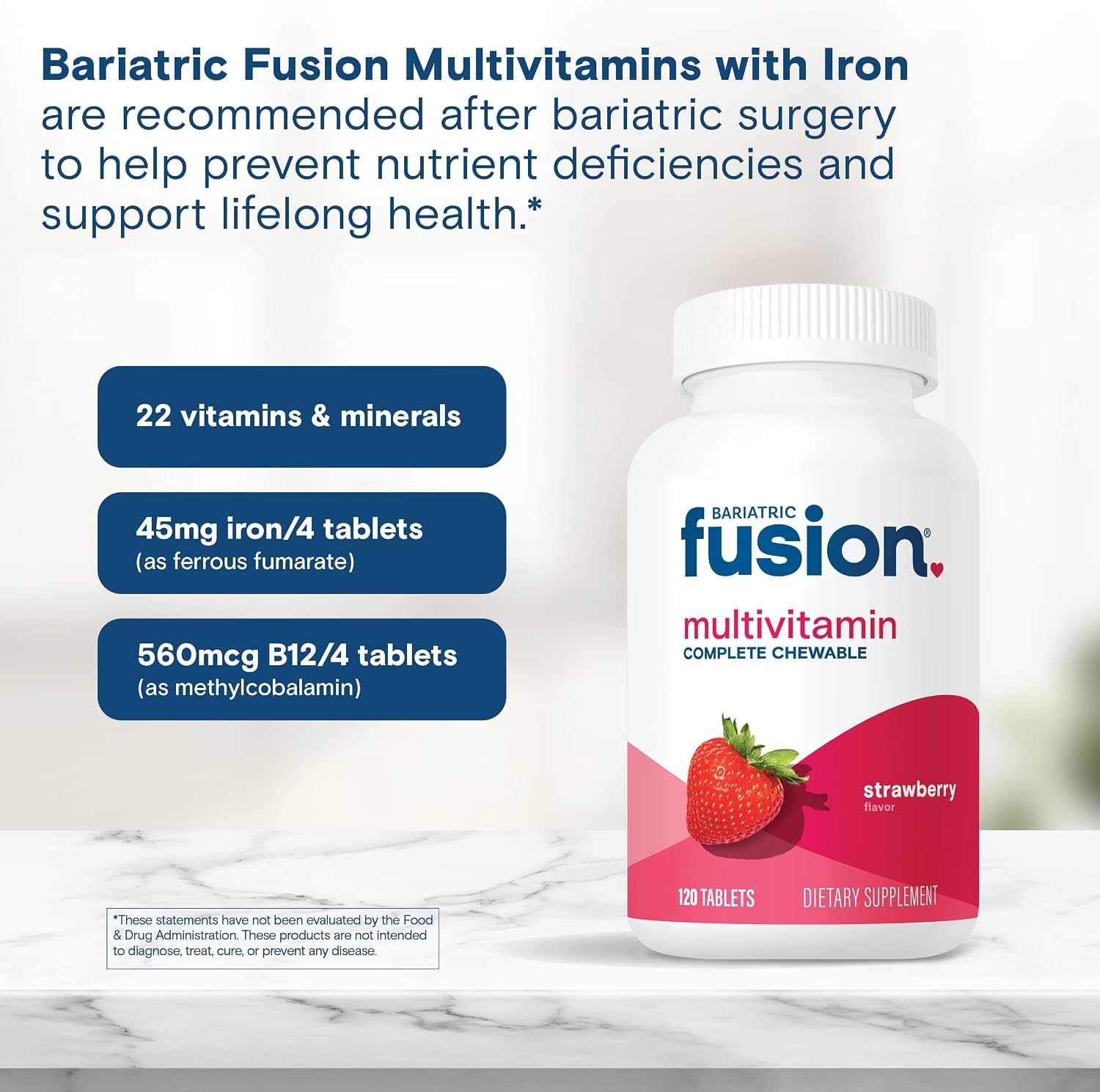 Bariatric Fusion Orange Cream Flavored Complete Chewable Bariatric Multivitamin with Iron for Bariatric Surgery Patients Including Gastric Bypass and Sleeve Gastrectomy - 120 Tablets