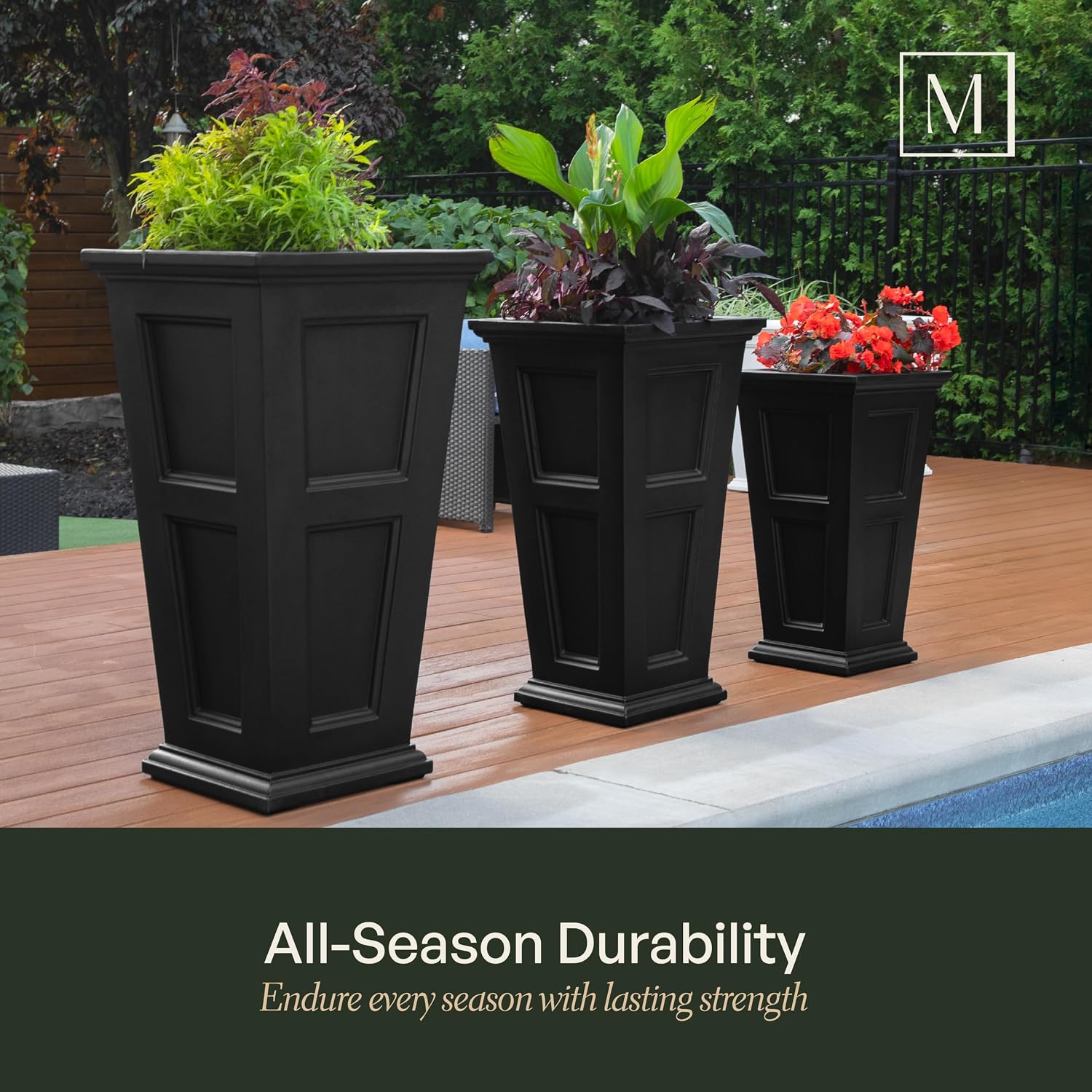 Mayne Fairfield 28in Self-Watering Tall Square Planter, Black | Self-watering, All season, Fade resistant, Reversible planting shelf, 15-year warranty
