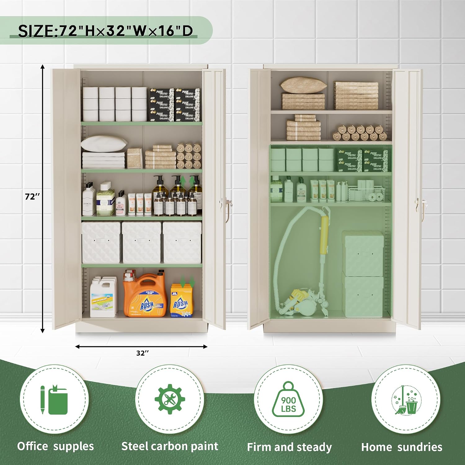 Greenvelly Steel SnapIt Storage Cabinet, 72" Locking Metal Garage Storage Cabinet with 4 Adjustable Shelves, 2 Doors and Lock for File, Office, Garage