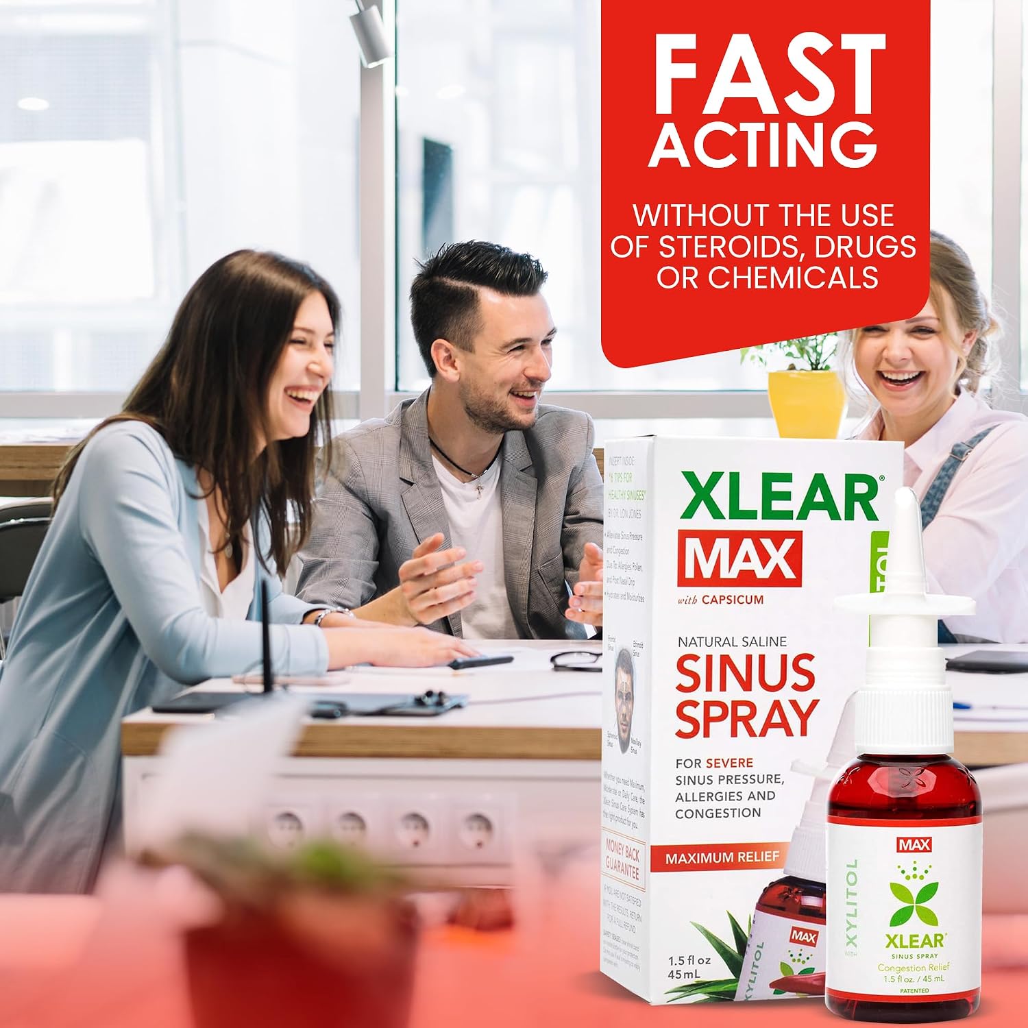 Xlear Max Natural Nasal Spray with Xylitol, 1.5 fl oz (Pack of 4) | Strong Formula with Capsicum and Aloe Vera for Servere Sinus Pressure Relief, Nasal Decongestant, Headache, Dry Nose