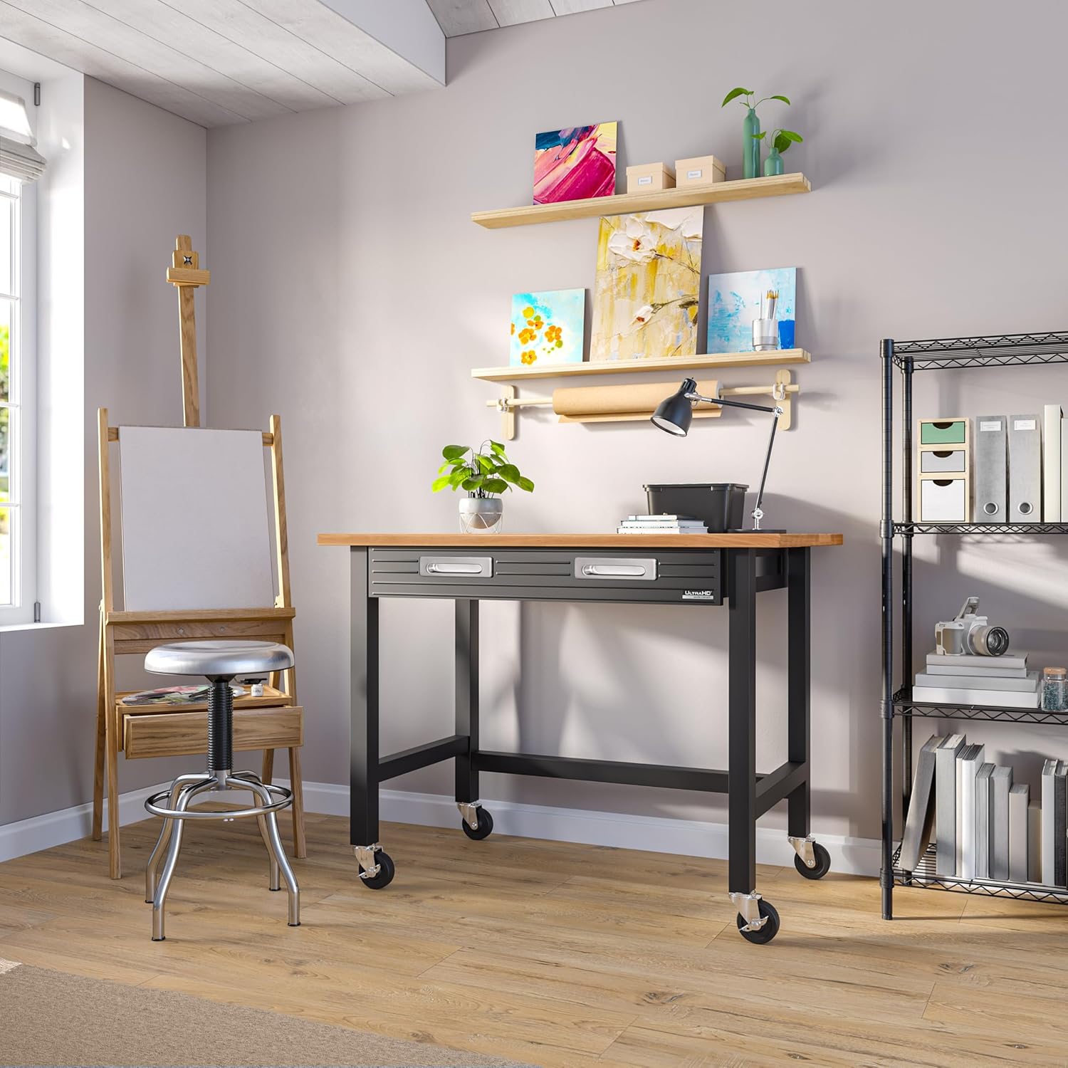Seville Classics UltraGraphite Wood Top Workbench on Wheels with Sliding Organizer Drawer Table, 48", Graphite