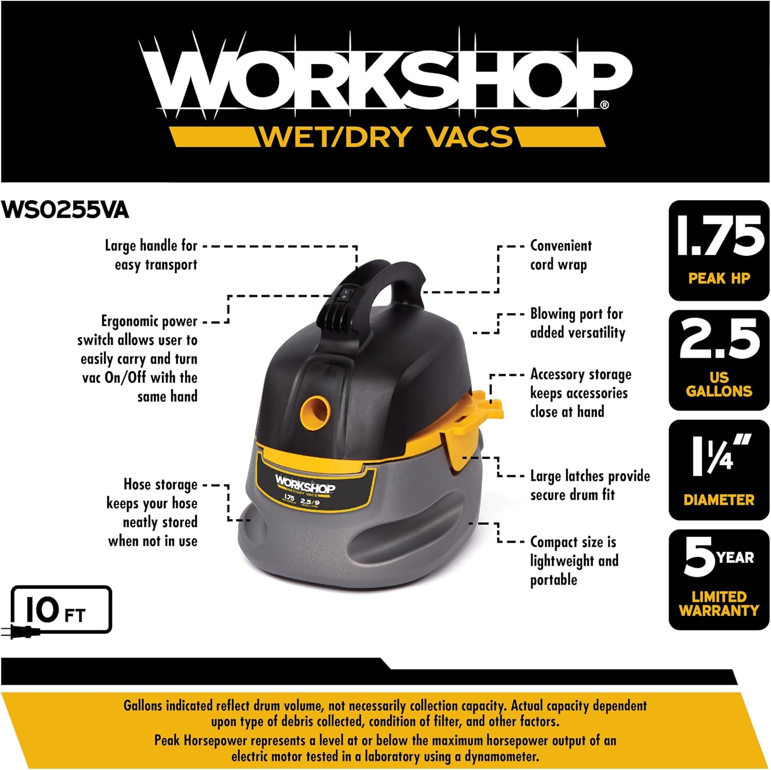 WORKSHOP Wet/Dry Vacs WS0255VA 2.5-Gallon 1.75 Peak HP Shop Vacuum Cleaner