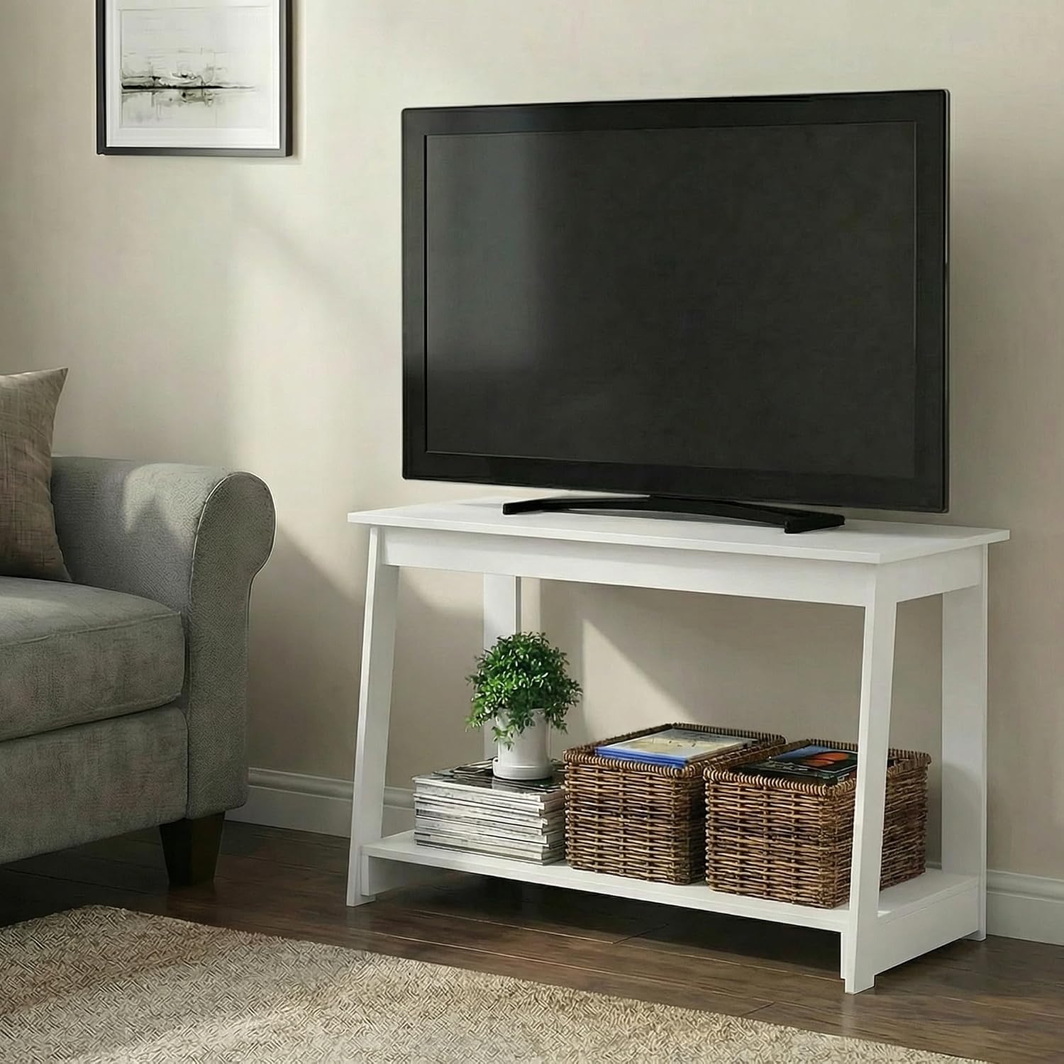 Furinno Beginning TV Stand, 2-Tier Rectangular Entertainment Center with Shelf, TV Console for TV up to 36 Inch, Open Back, for Living Room, Bedroom, French Oak