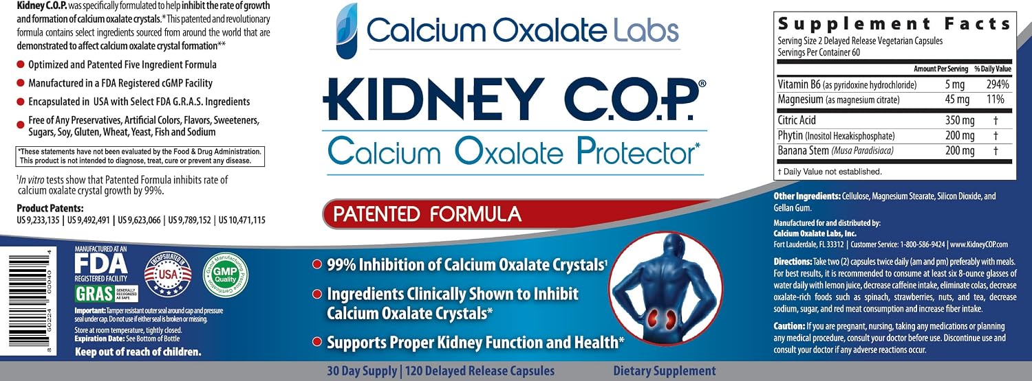 KIDNEY C.O.P. Calcium Oxalate Kidney Stone Support Supplement 120 Caps | Urologist Recommended, 99% Calcium Oxalate Inhibition, 5X Stronger Than Chanca Piedra, Patented Formula, 30-day supply