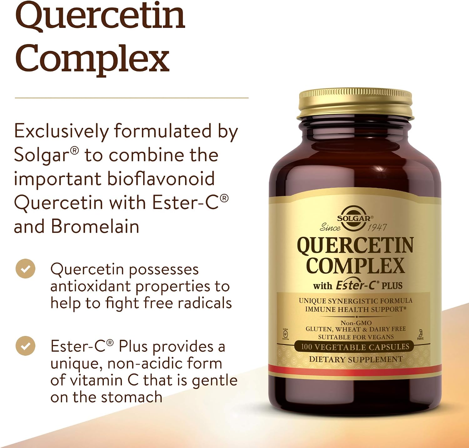 Solgar Quercetin Complex with Ester-C Plus, 100 Vegetable Capsules - Supports Immune Health, Antioxidant - Gentle on the Stomach Vitamin C - Non-GMO