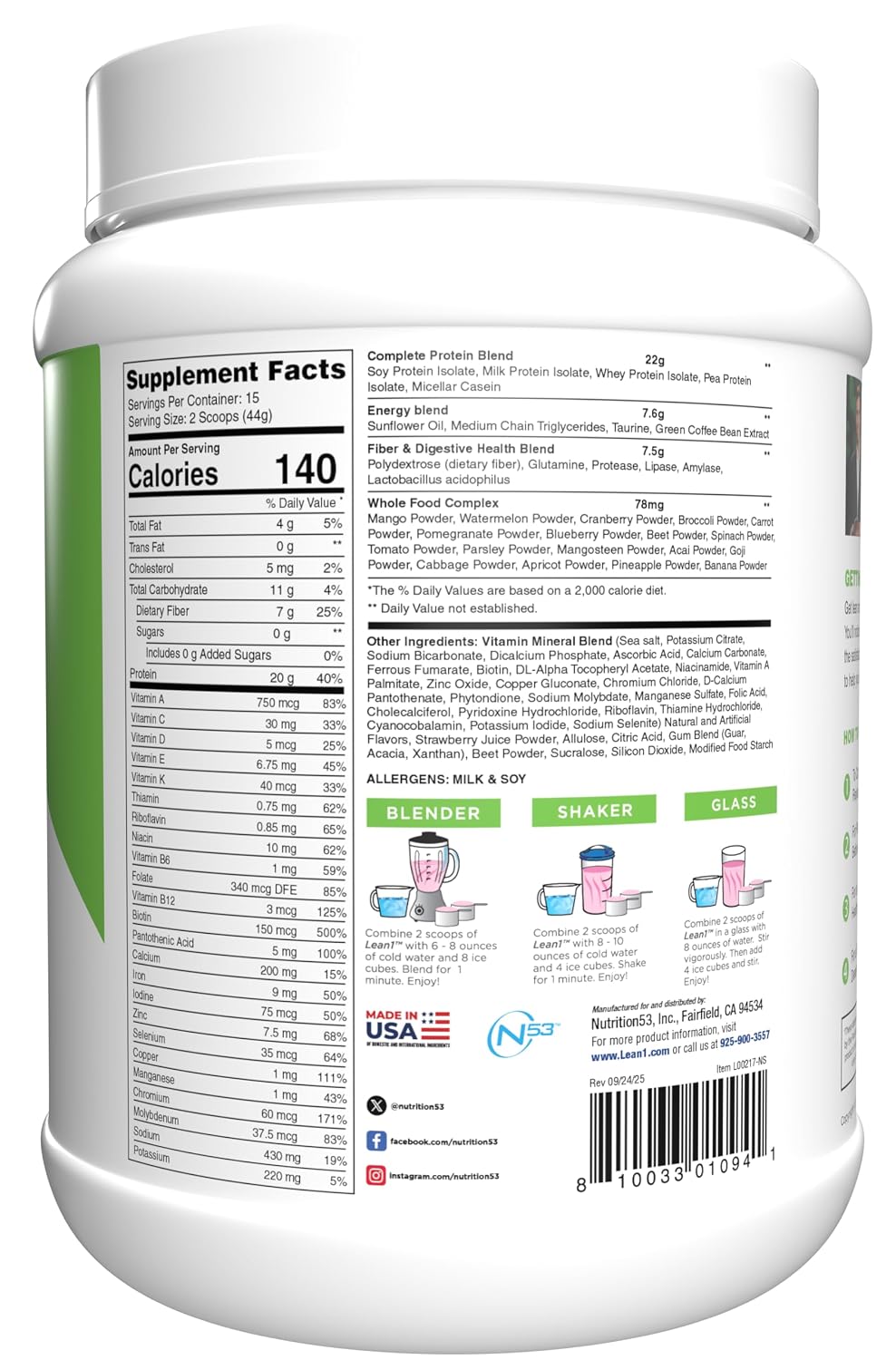 Lean1 Vanilla, Meal Replacement Protein Shake, 15 Serving Tub