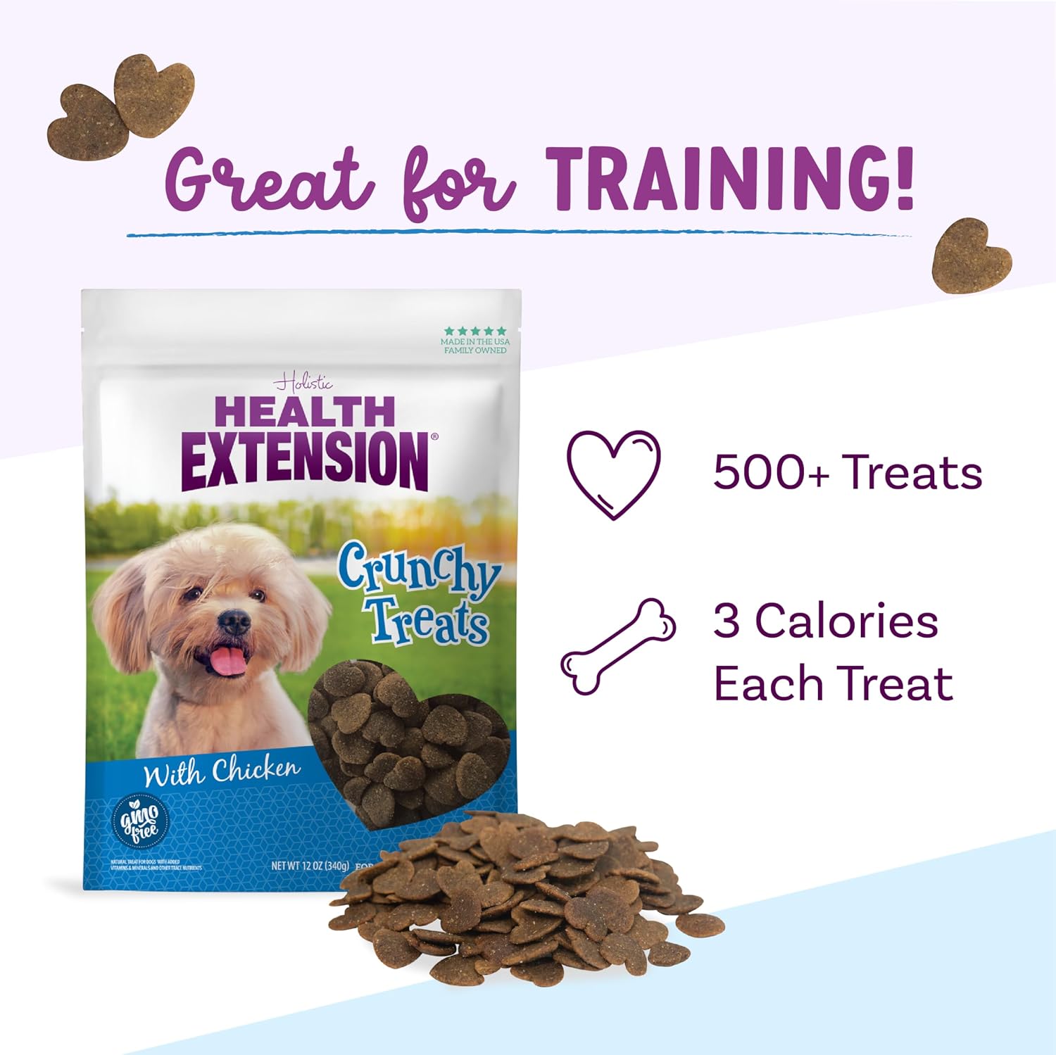 Health Extension Heart-Shaped Crunchy Biscuits, 12oz (340g) – Chicken Flavor, GMO-Free Dog Training Treats for Small Breeds