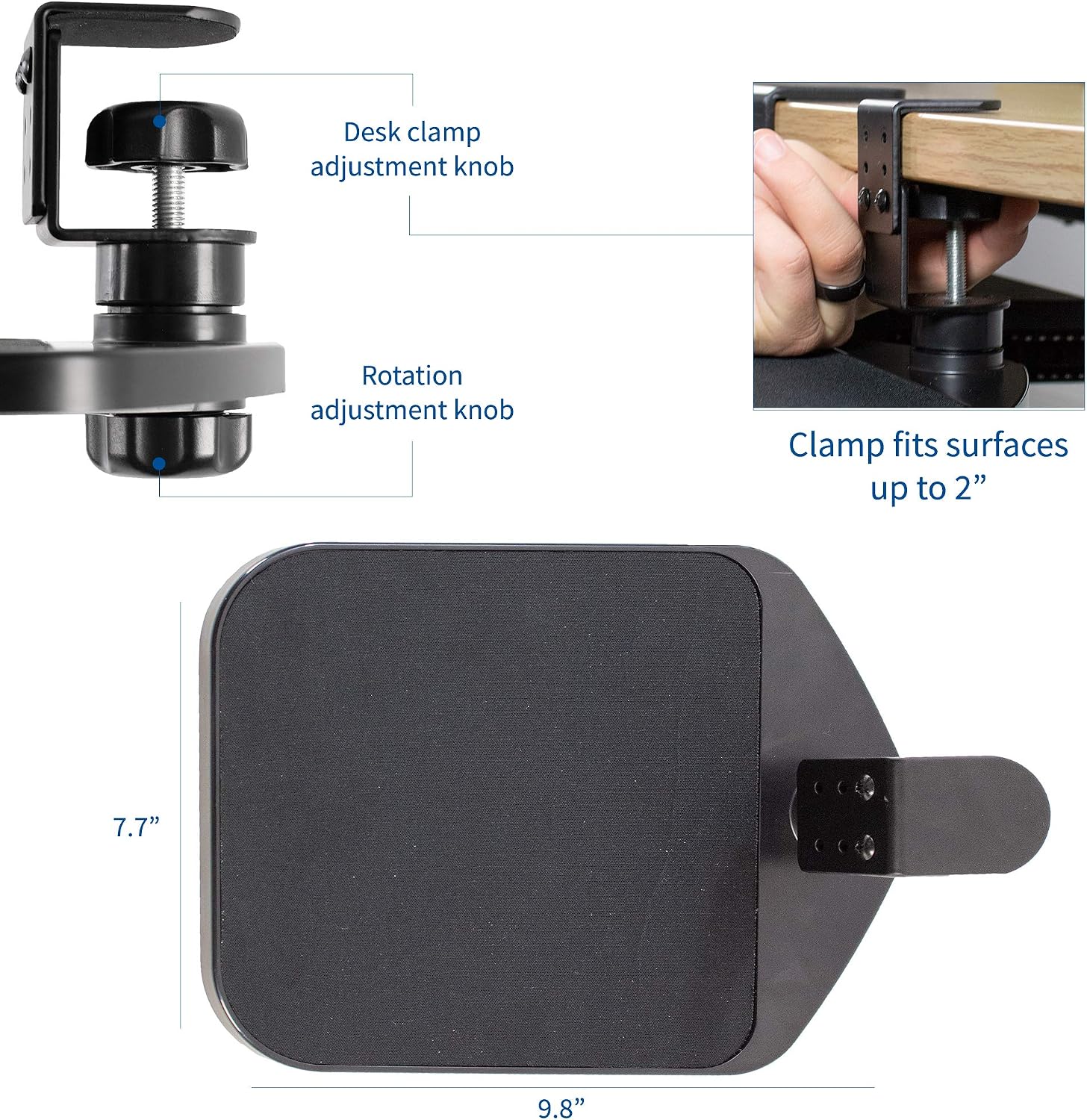 VIVO Black Clamp-on Mouse Pad Holder Platform, MOUNT-MS01A | Adjustable Under Desk 360° Rotating Tray Rest Extension Attachment