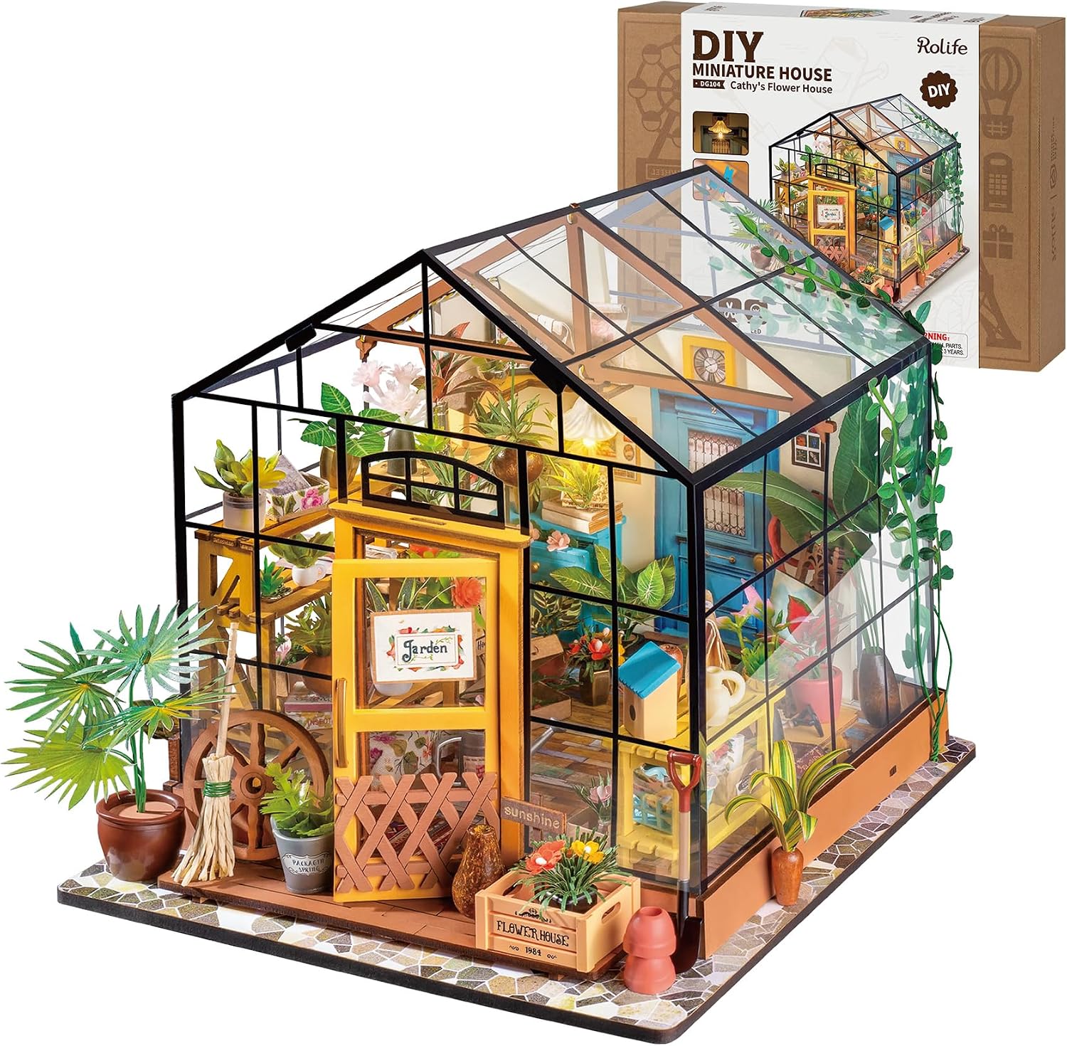 Rolife Cathy's Greenhouse Miniature Kit with LED Lights | 1:18 Scale Flower House Wooden 3D Puzzle Model Kit for Beginners DIY Craft for Adults Diorama Home Decor & Birthday Gift