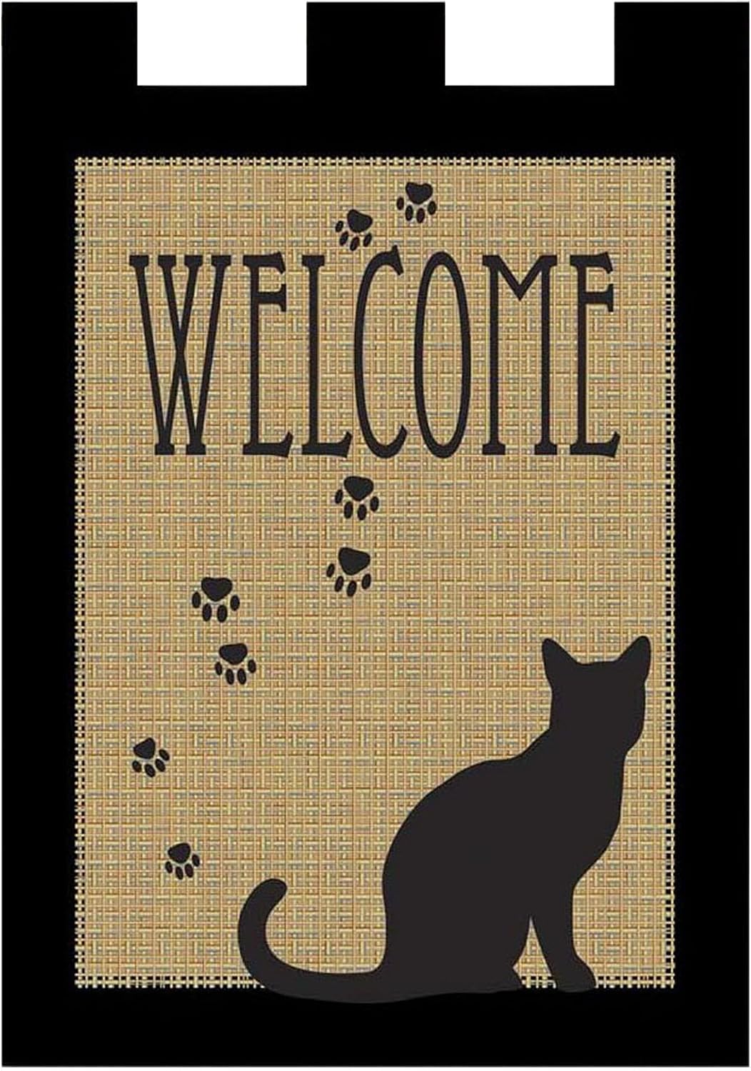 Welcome Black Cat Silhouette Paws Burlap 18 x 13 Rectangular Applique Tab Top Small Garden Flag