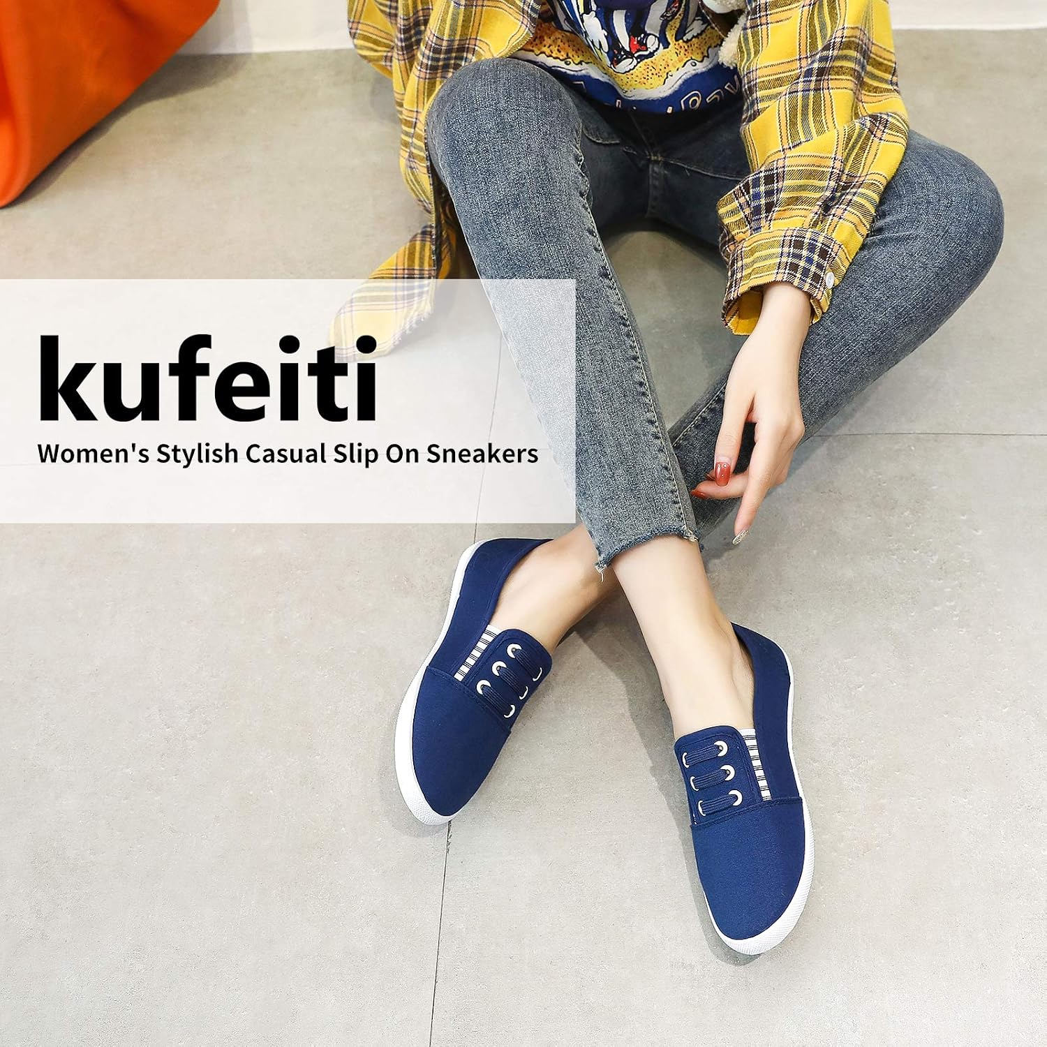kufeiti Women's Canvas Slip On Shoes Sneakers for Women Fashion Comfortable White Black Elastic Sneakers for Women