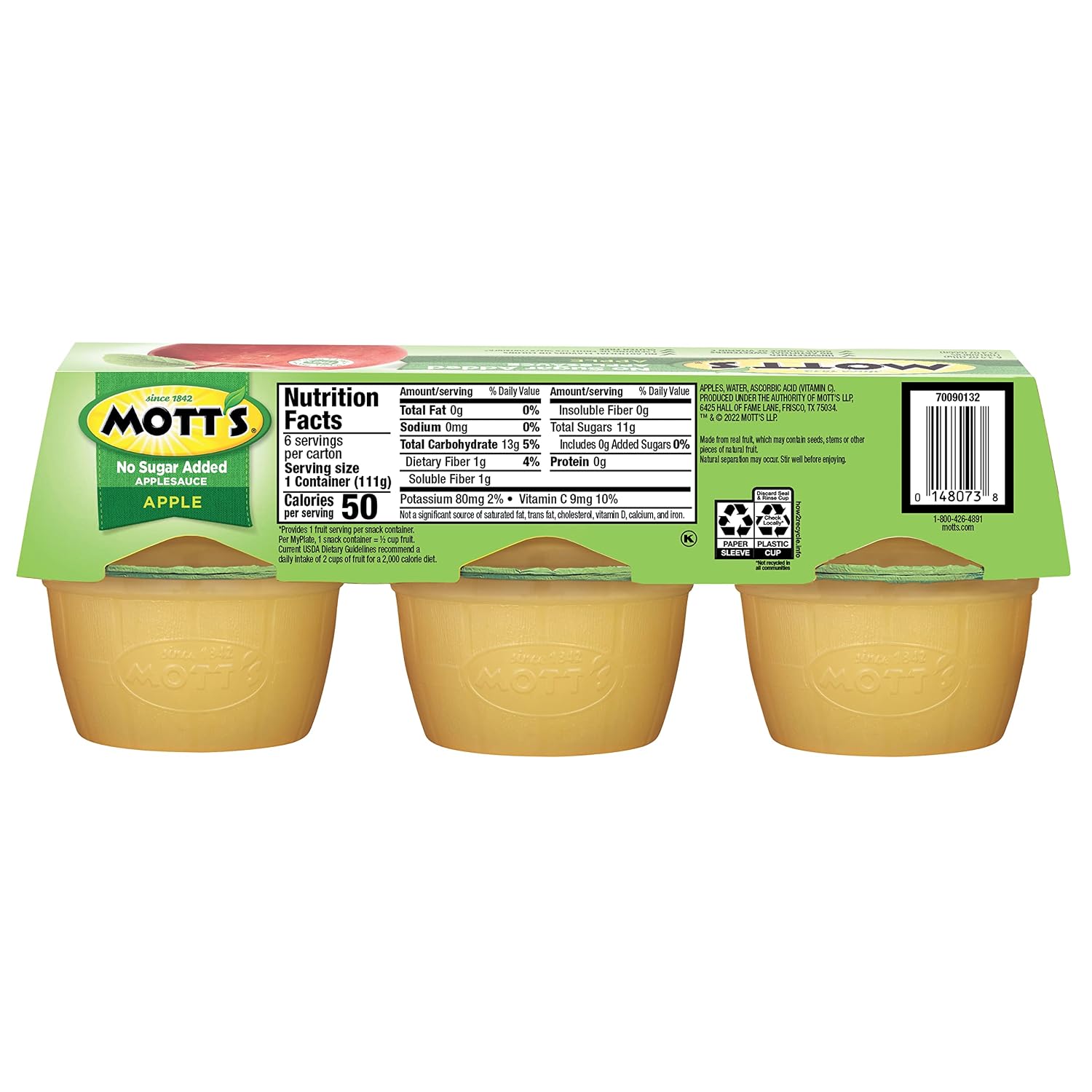 Mott's No Sugar Added Applesauce, 3.9 oz cups, 6 count