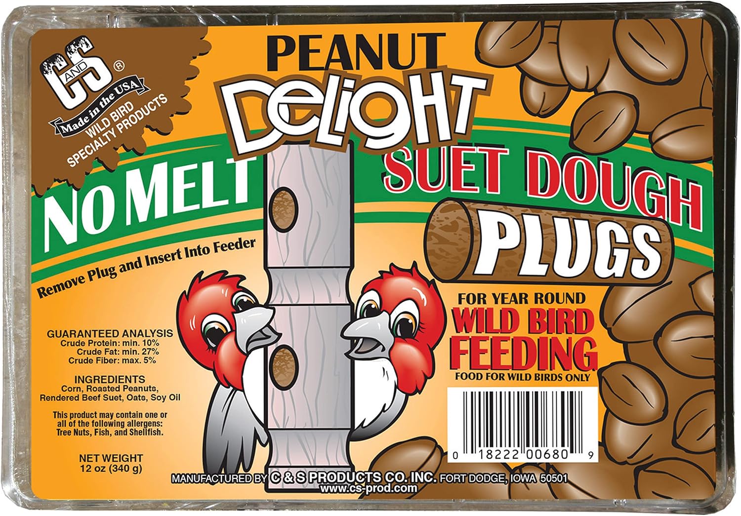 C&S Peanut Delight No Melt Suet Dough Plugs, Suet Plugs for Wild Birds, 12 Oz, 4 Count