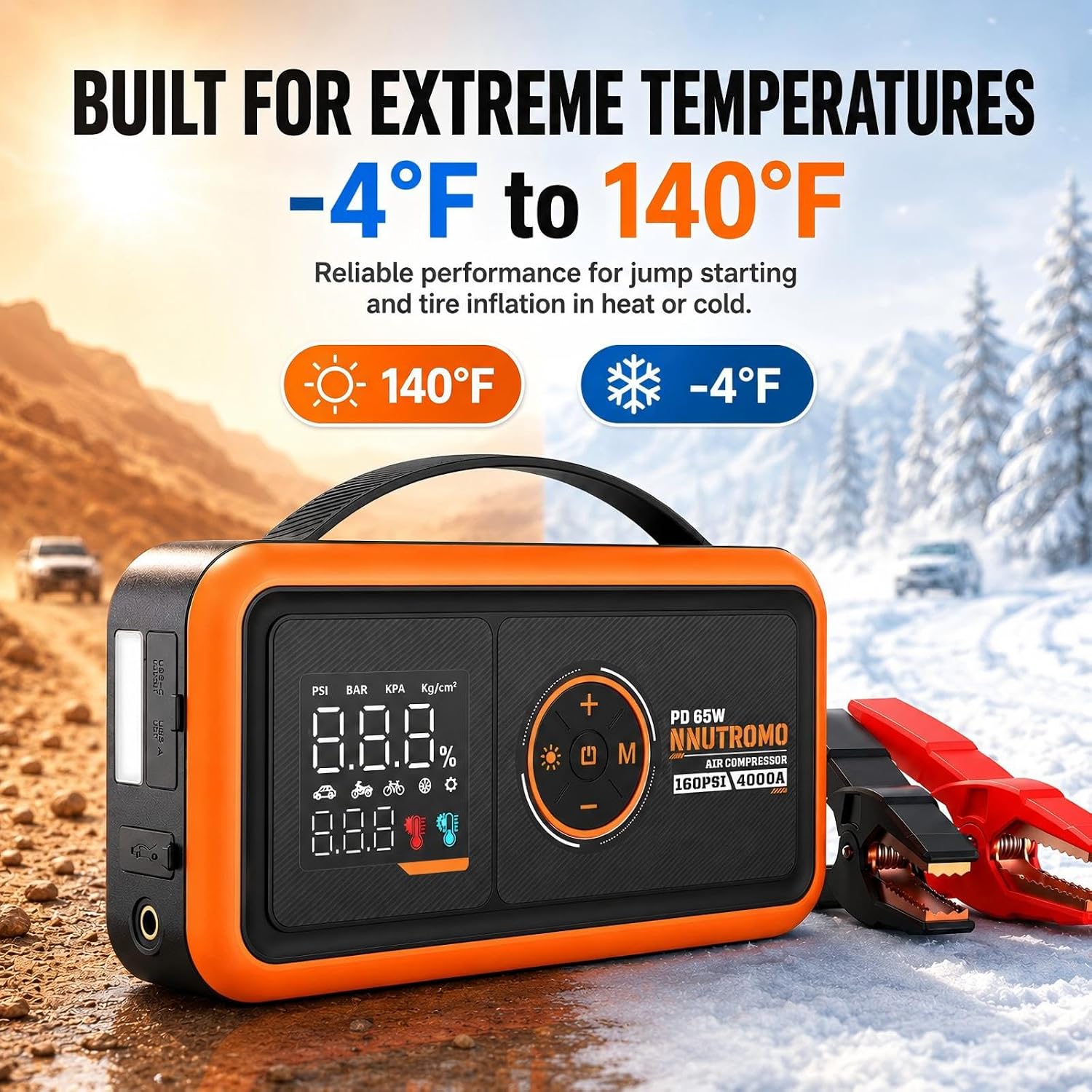 NUTROMO 4000A Jump Starter with Air Compressor, 65W USB-C Jump Box | True 24000mAh/88.8Wh, 160 PSI auto-stop inflator