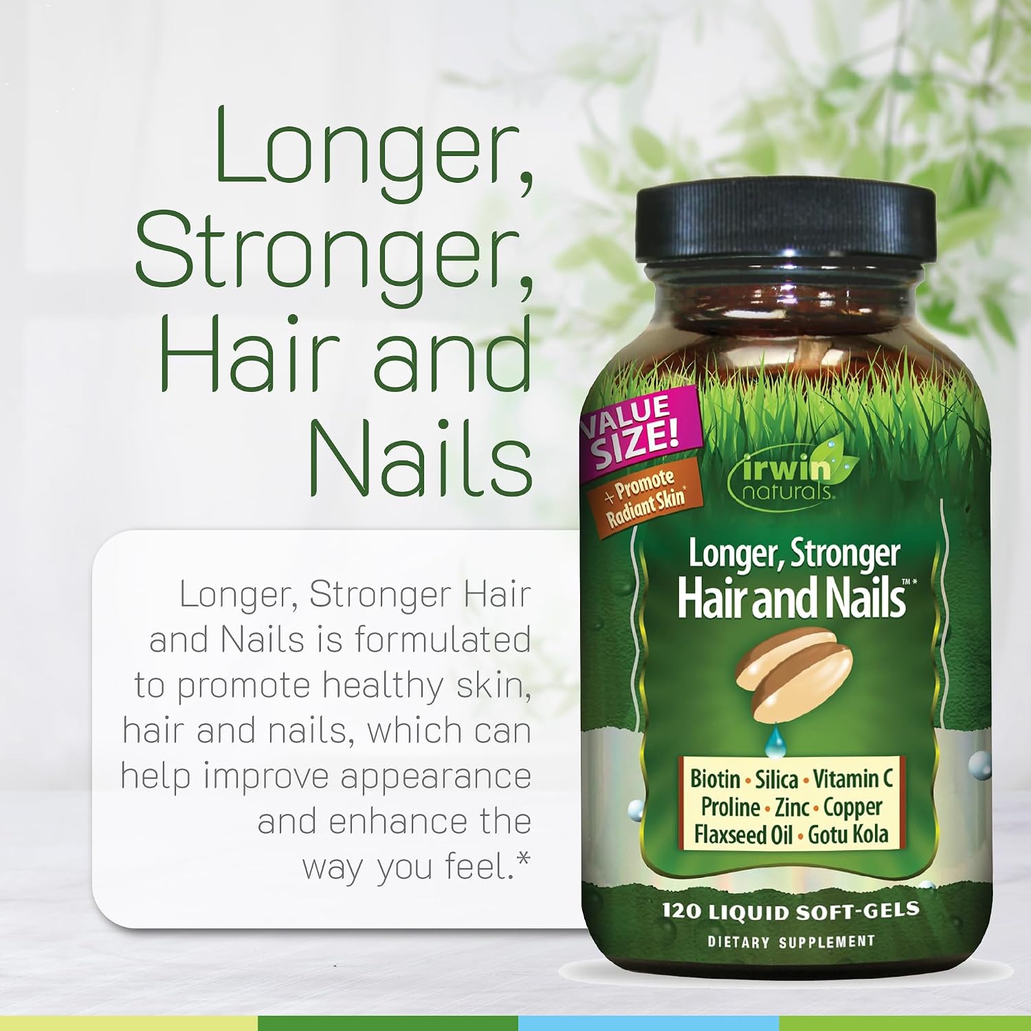 Irwin Naturals Longer, Stronger Hair and Nails - 120 Liquid Softgels - Promotes Vibrant Shine Texture & Strength - 60 Total Servings | Support Shine, Texture, Hair & Nail Strength | Biotin + Horsetail Silica | Connective Tissue Support | 120 Soft-Gels
