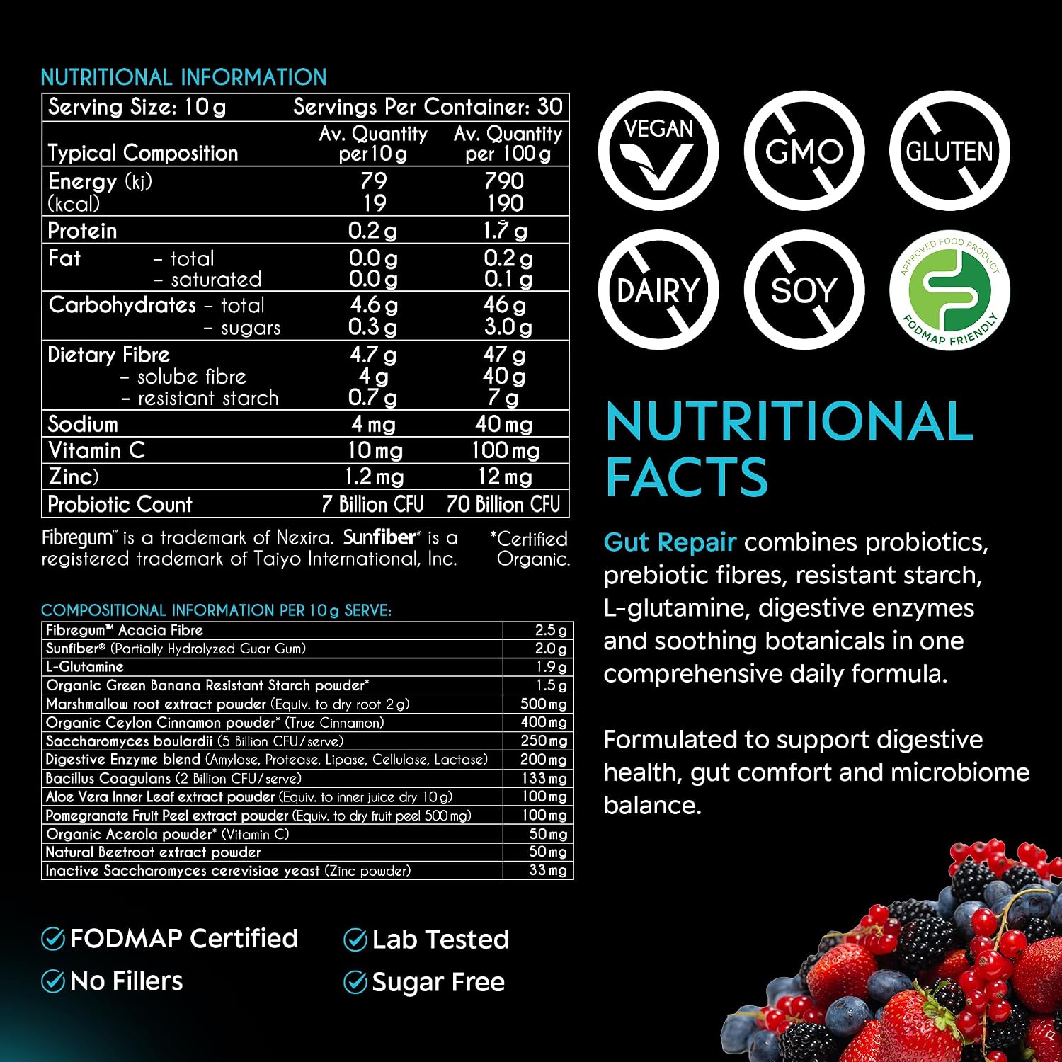 myBrainCo. Gut Repair – Gut Health & Digestion Support Powder for IBS, Bloating, Reflux & Leaky Gut – Low FODMAP Certified with Probiotics