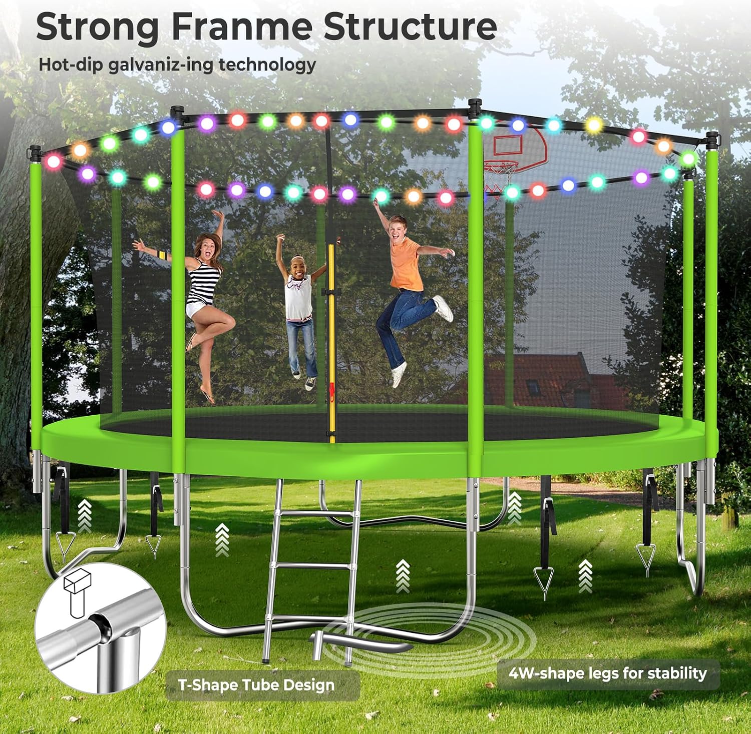 10 12 14 16FT Trampoline Outdoor, Light/Sprinkler/Basketball Hoop | Large Recreational Trampoline for Kids and Adults, Heavy Duty Yard Trampolines with Enclosure Net, ASTM Approval