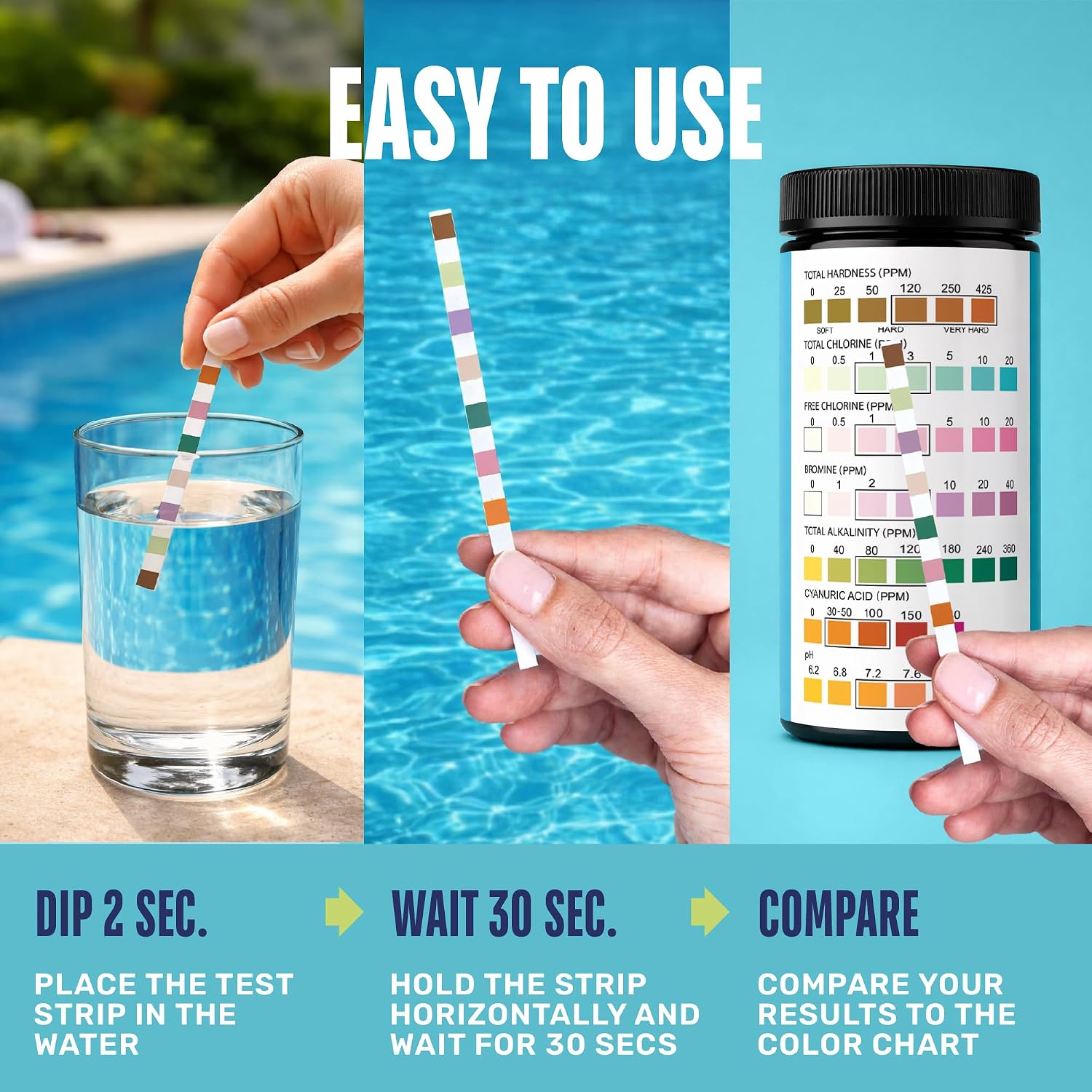 Pool Test Strips for Pools and Spas - 7 in 1 Water Test 100 Pack | Includes 100 pool test strips that measure chlorine, bromine, pH, alkalinity, hardness and cyanuric acid in 30 seconds.