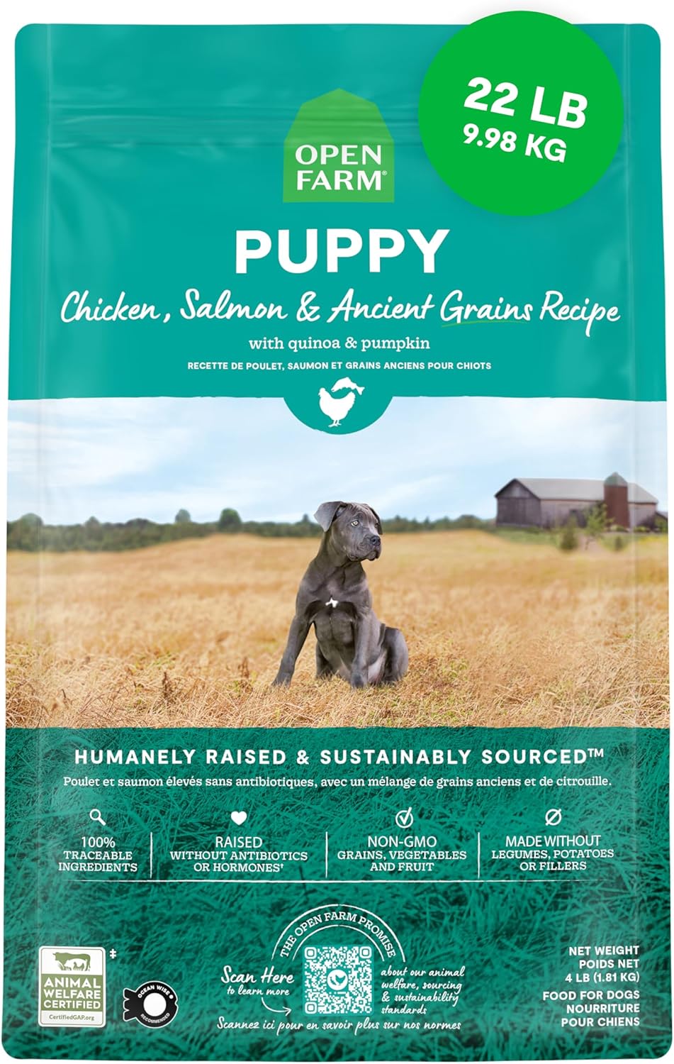 Open Farm Ancient Grains Dry Puppy Food, Chicken & Salmon Kibble, 4lb Bag