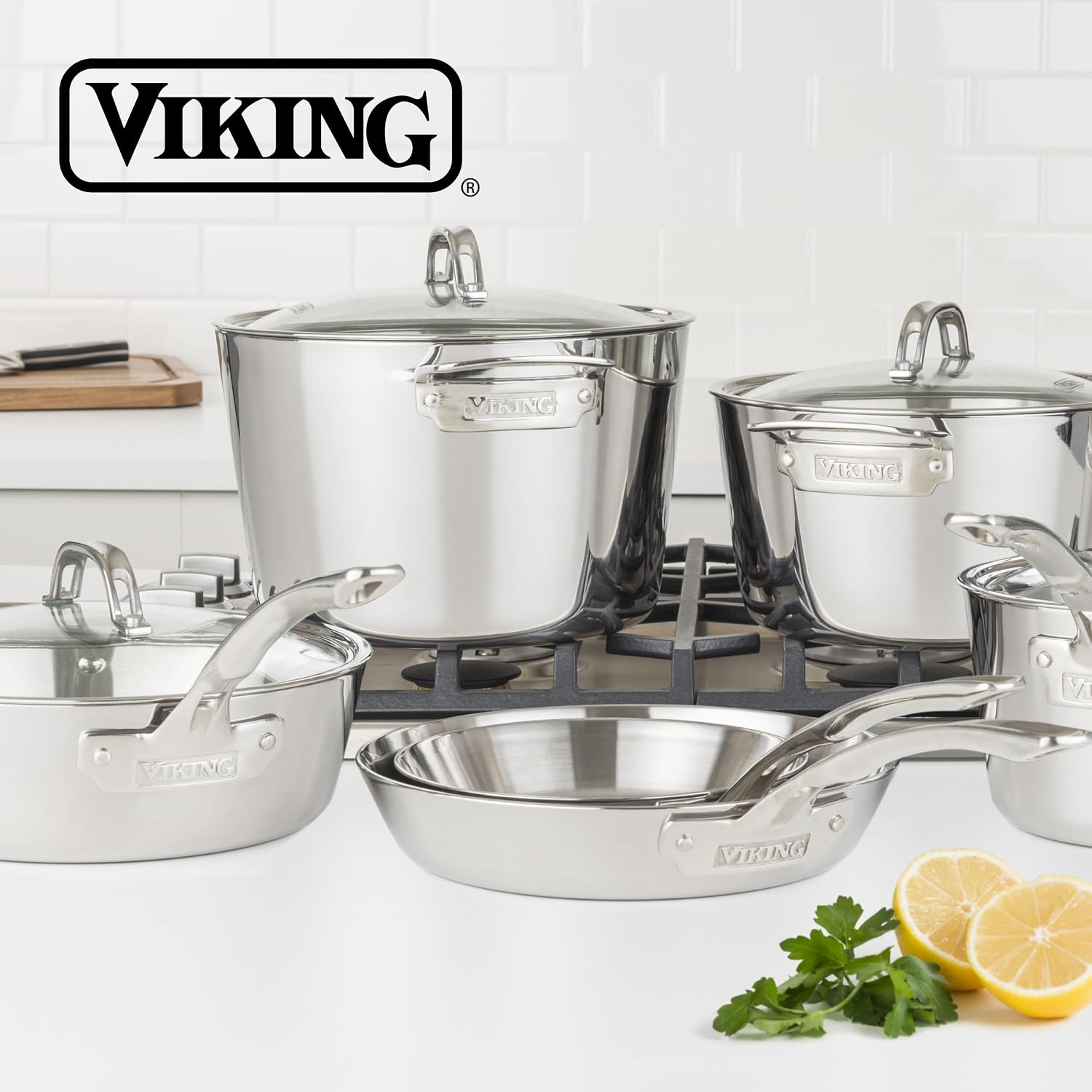 Viking Contemporary 3-Ply Pots and Pans Set, 10 Piece Stainless Steel Kitchen Cookware, Silver