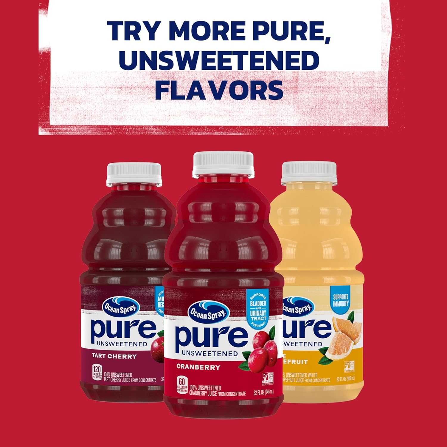 Ocean Spray® Pure Unsweetened Cranberry, 100% Cranberry Juice From Concentrate, 32 Fl Oz Bottle (Pack of 8)