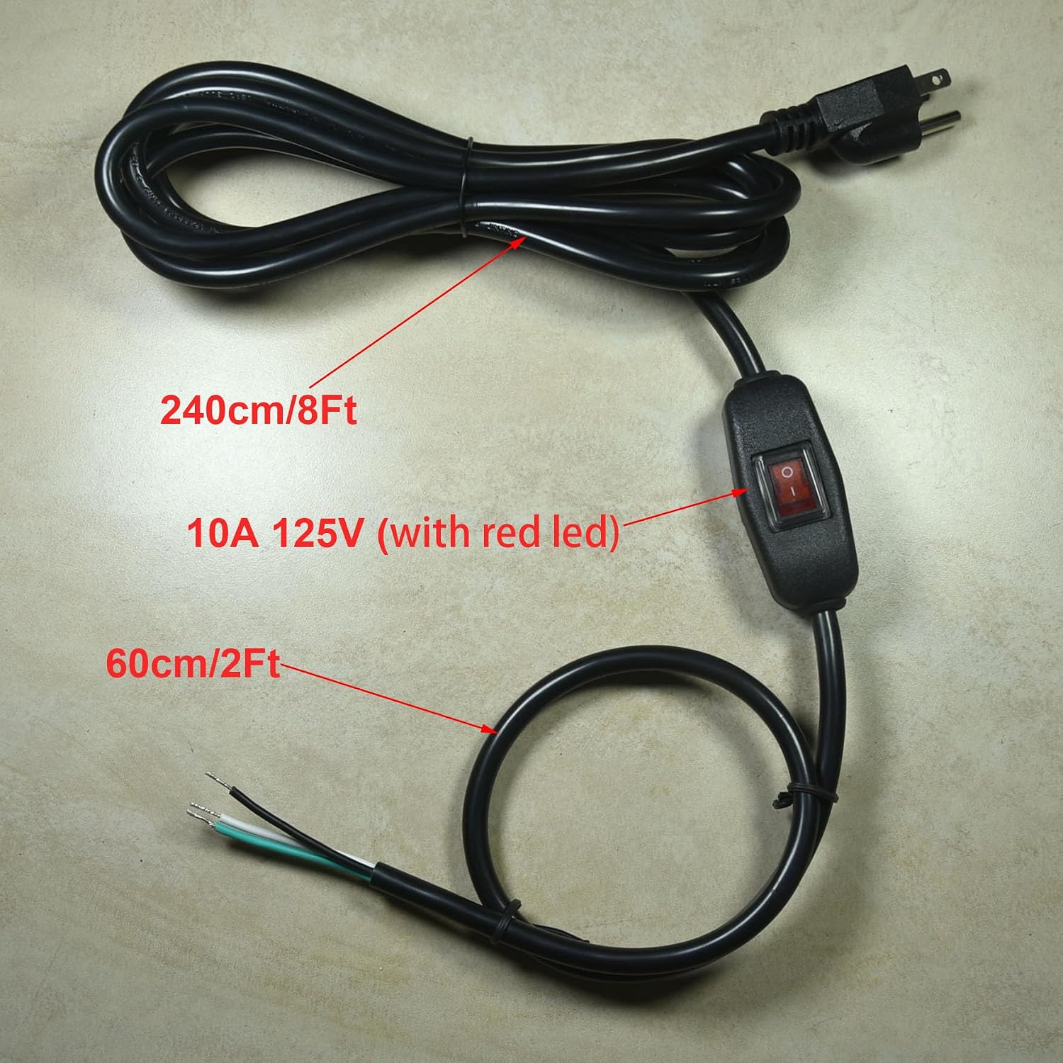 FILSHU 6ft 18 Gauge 3 Prong AC Power Cord with On Off Switch