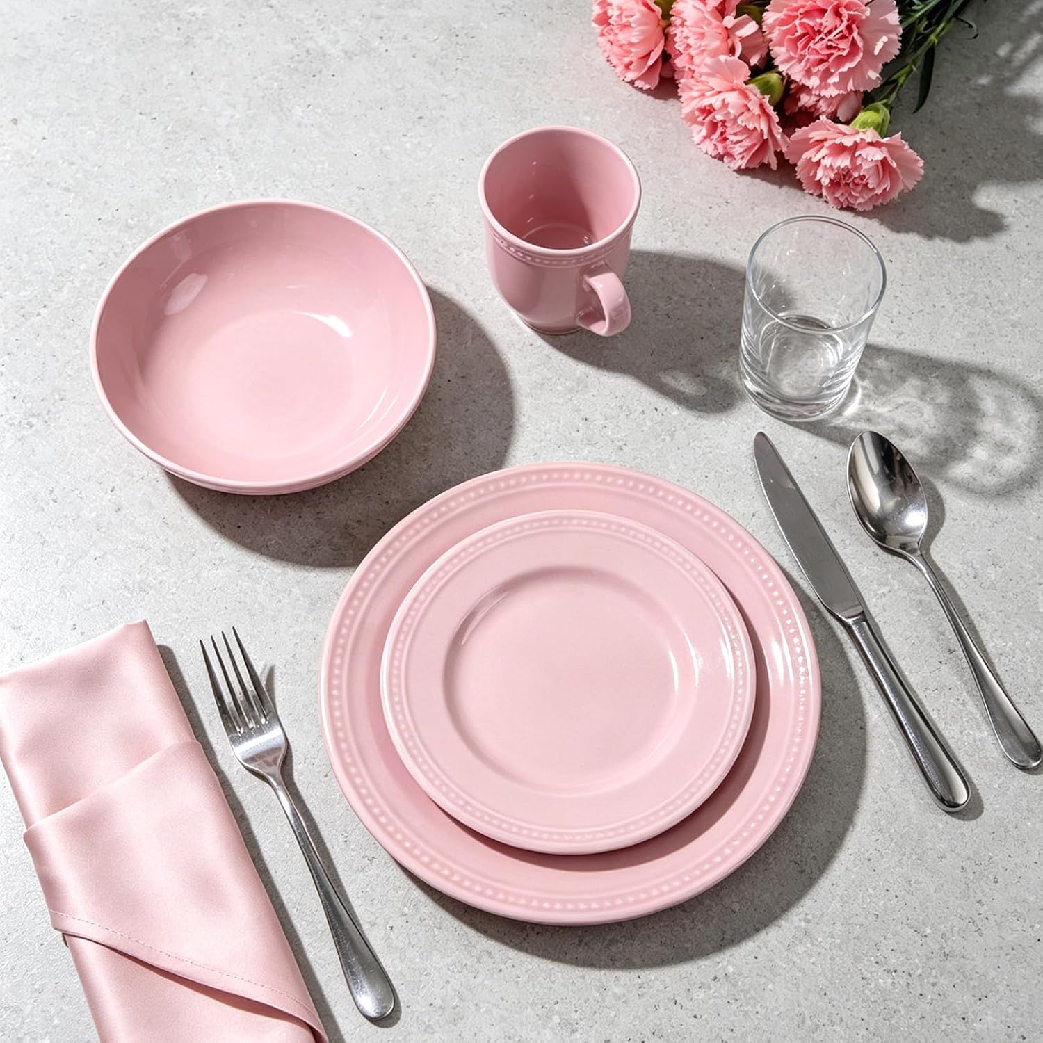 HomeVSS 20-Piece Pearl Dots Stoneware Dinnerware Set, Pink, Service for 4